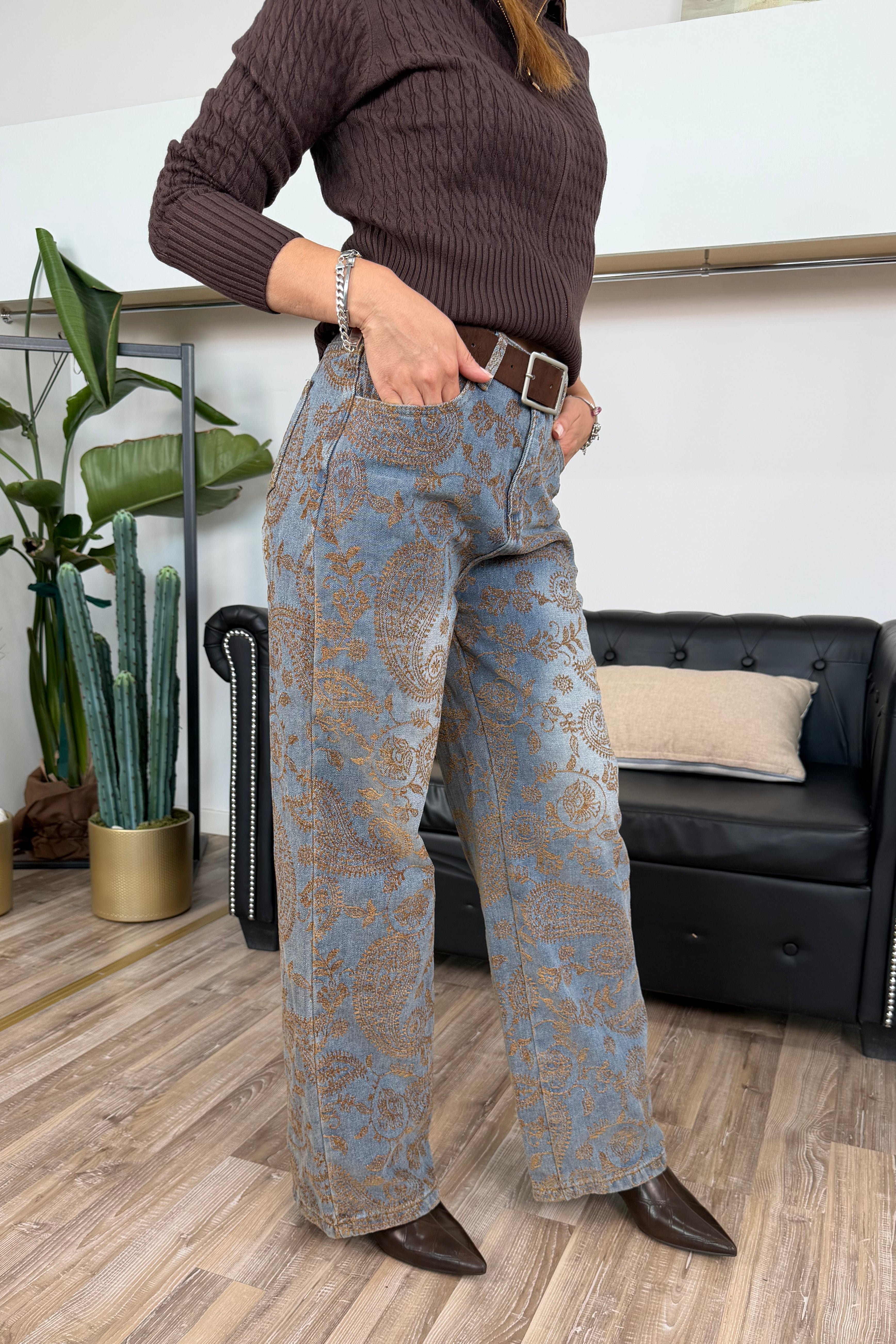 JEANS DENIM GAMBA DIRITTA CON STAMPA PAISLEY IN FLOK