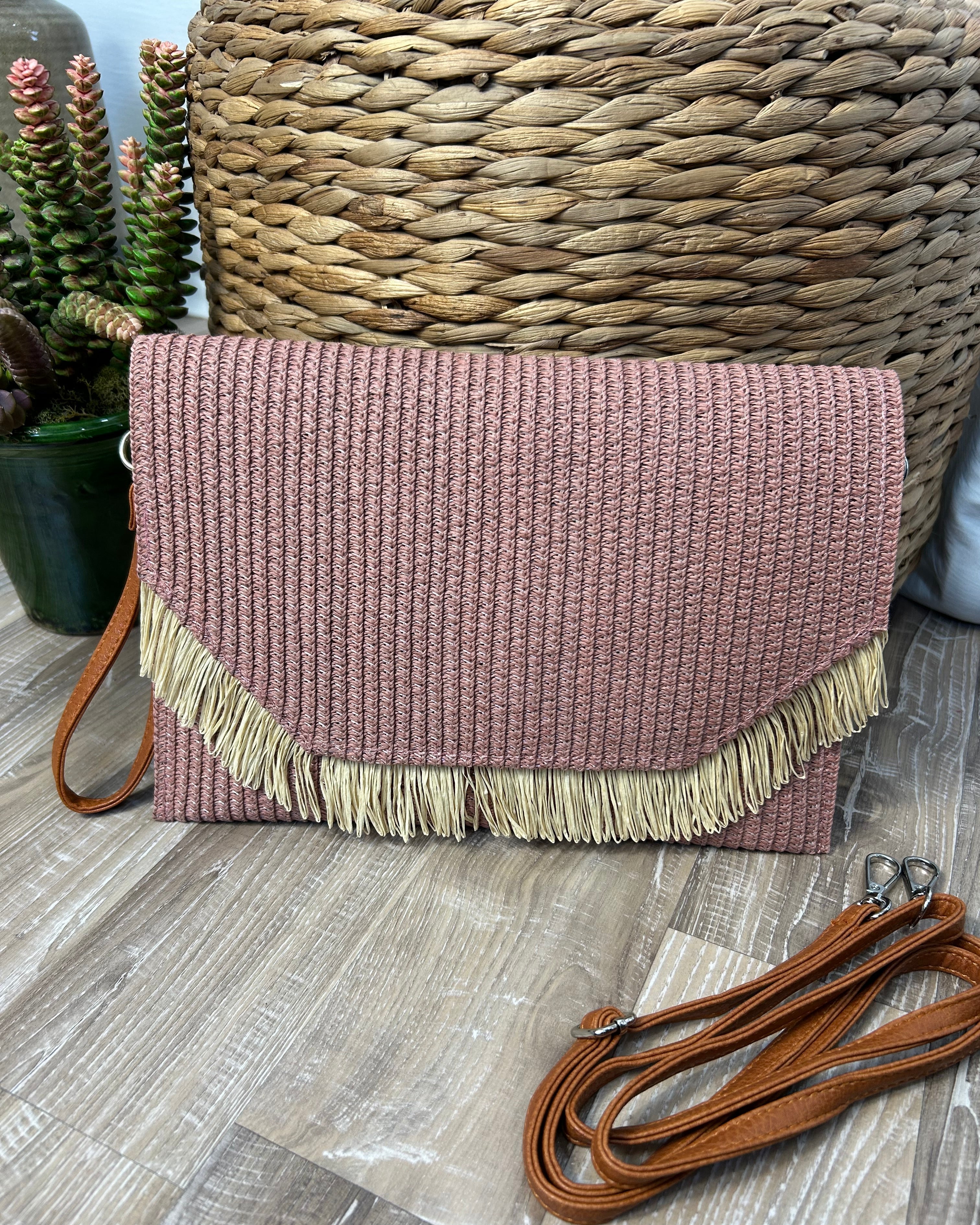 POCHETTE RAFIA FRANGE CON LACCIO ECOPELLE PER POLSO E TRACOLLA COL. CIPRIA