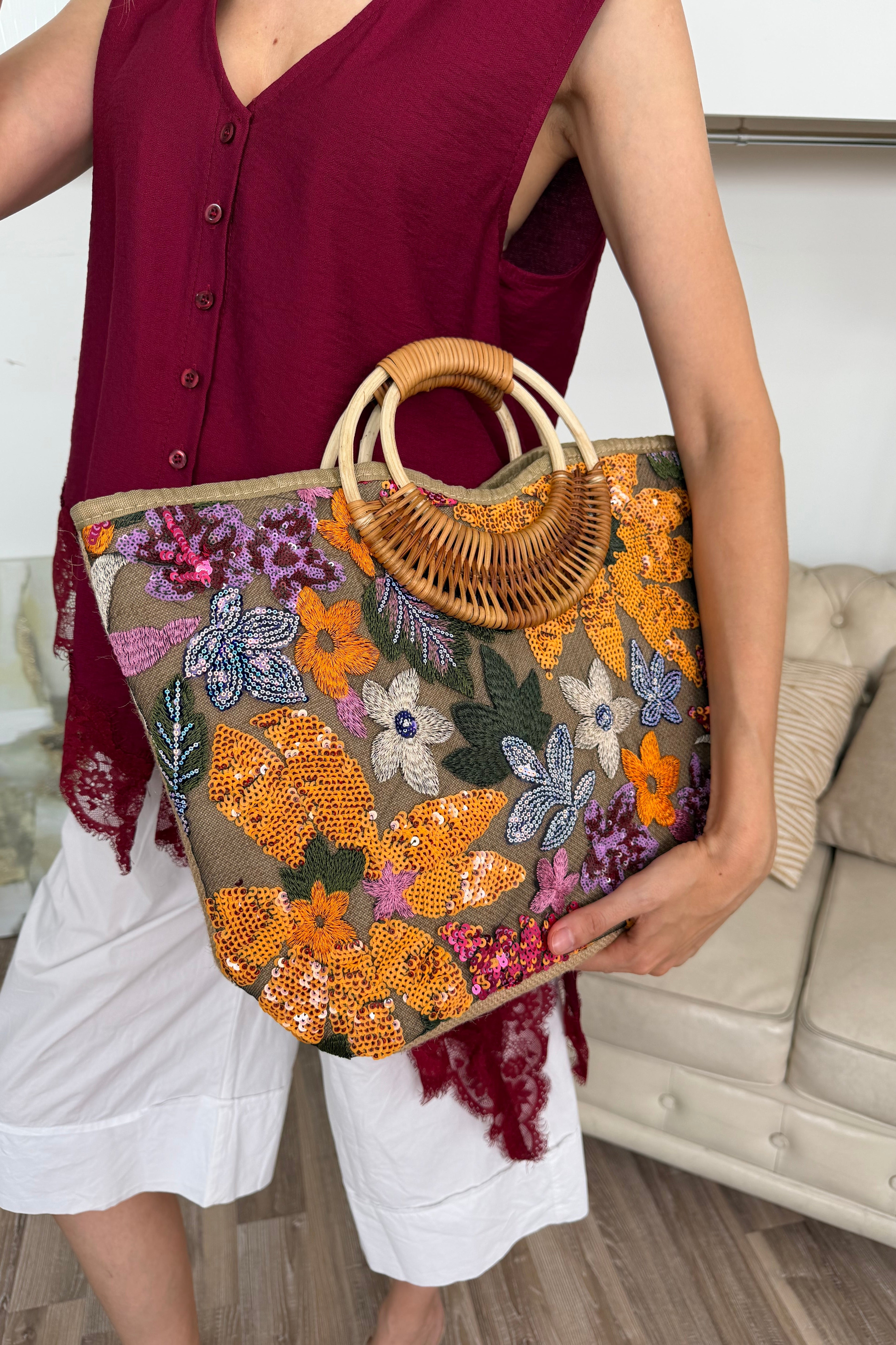 BORSA IN LINO RICAMATA E WOOD HANDLE COL. ORANGE