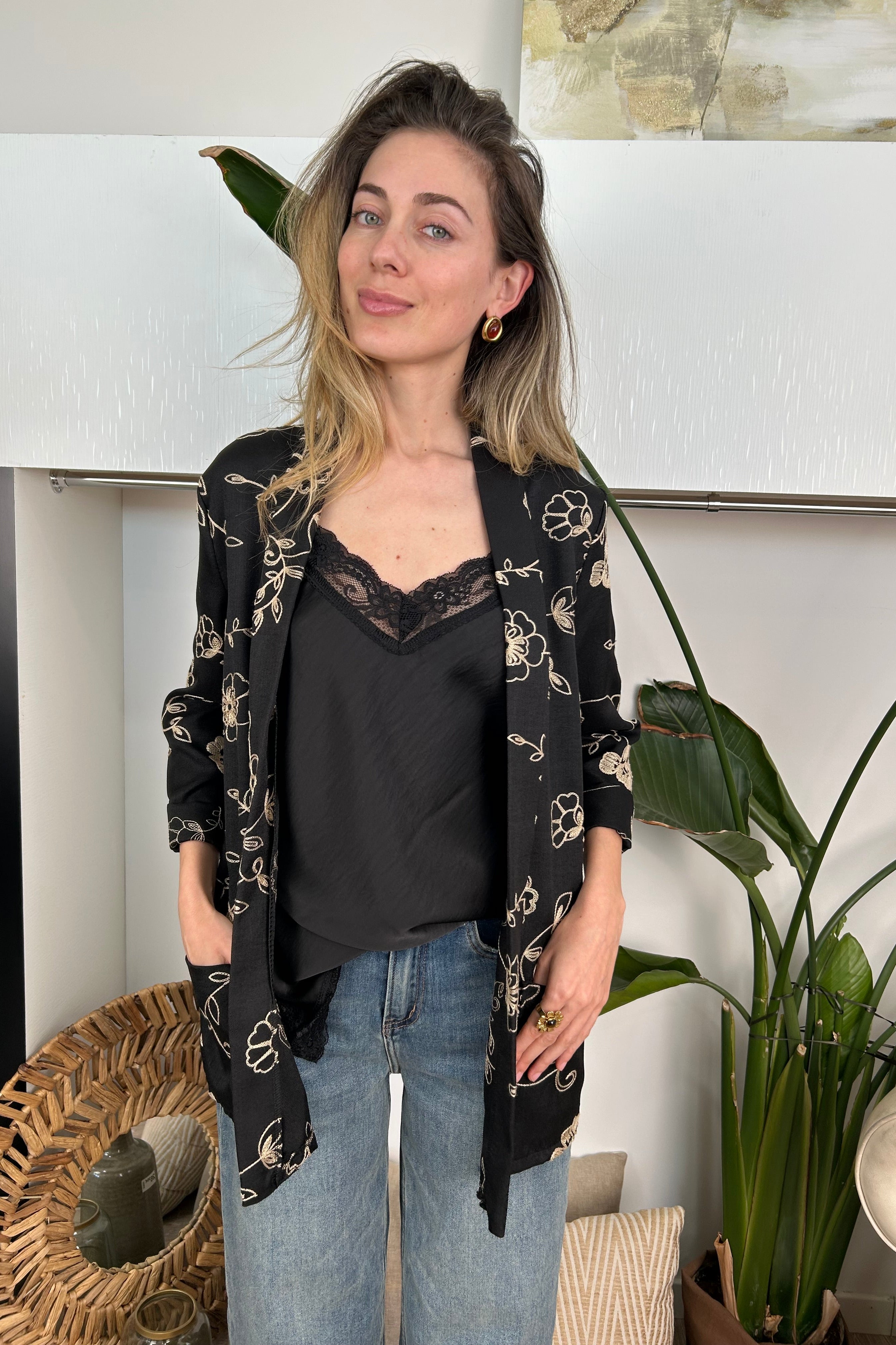 GIACCA KIMONO RICAMATO COL. NERO