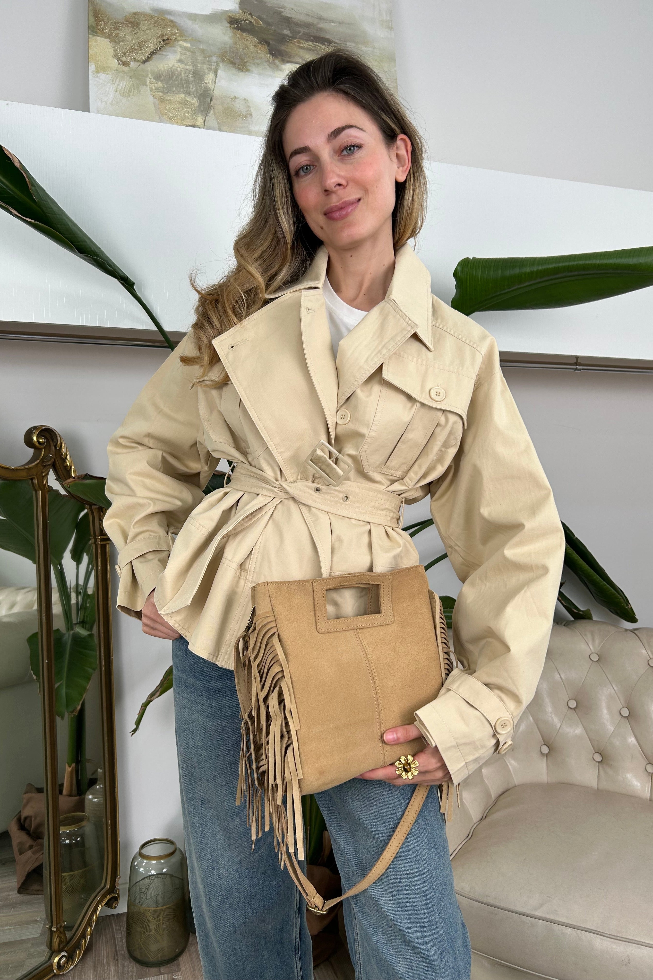 BORSA IN VERA PELLE SCAMOSCIATA CON FRANGE COL. SAFARI
