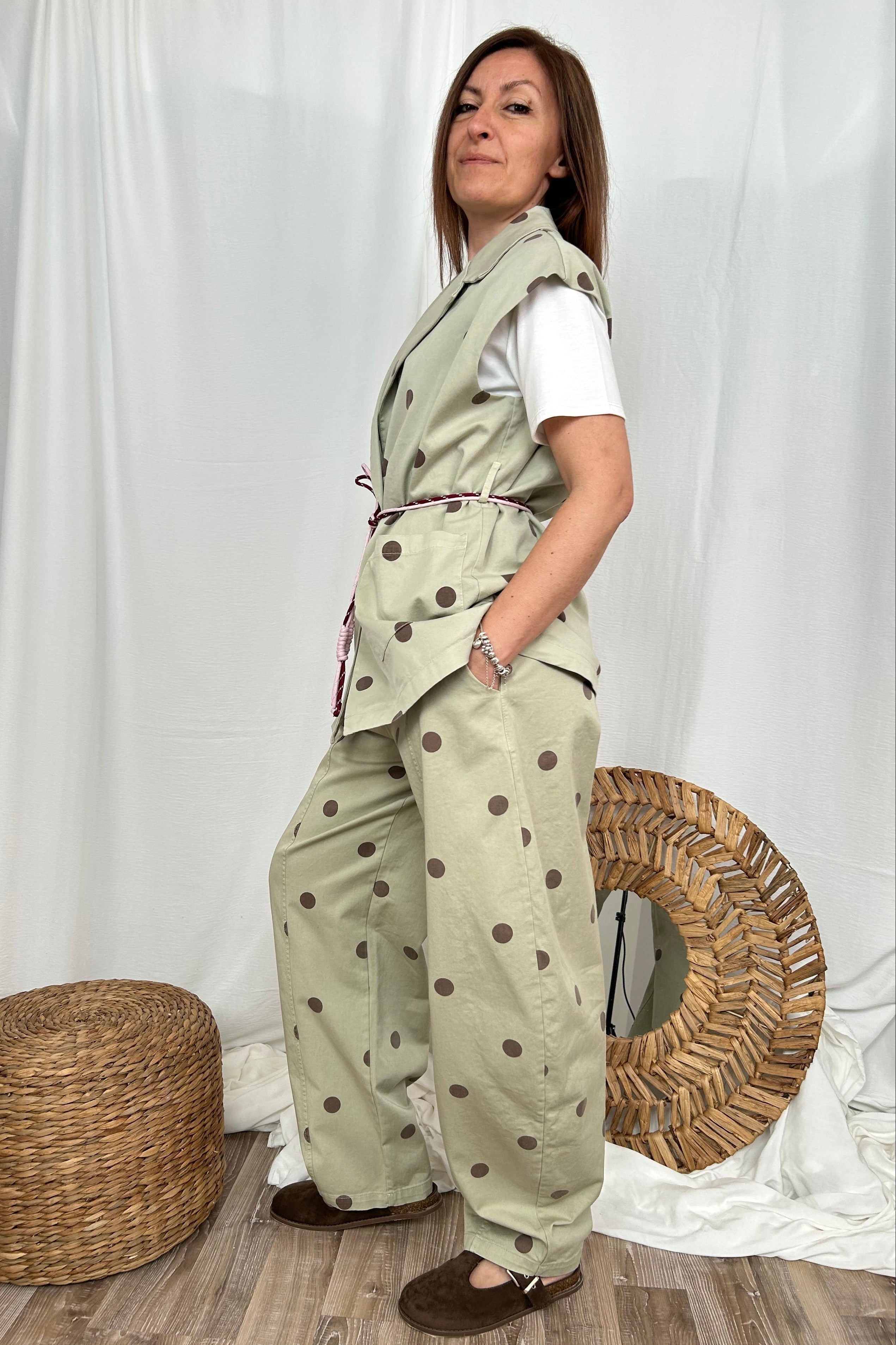 GILET GIACCA SMANICATO A POIS COL. VERDE SALVIA