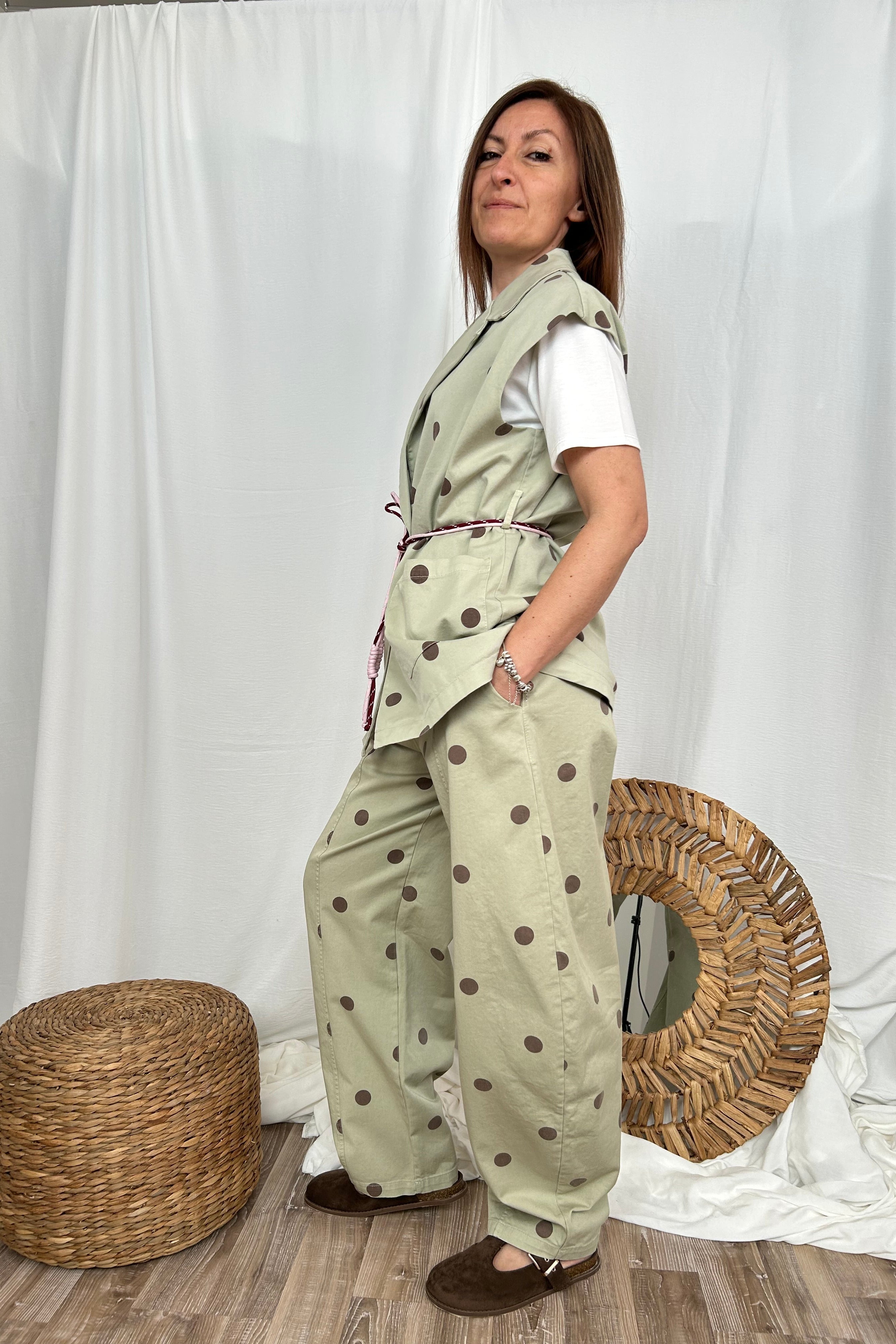 GILET GIACCA SMANICATO A POIS COL. VERDE SALVIA