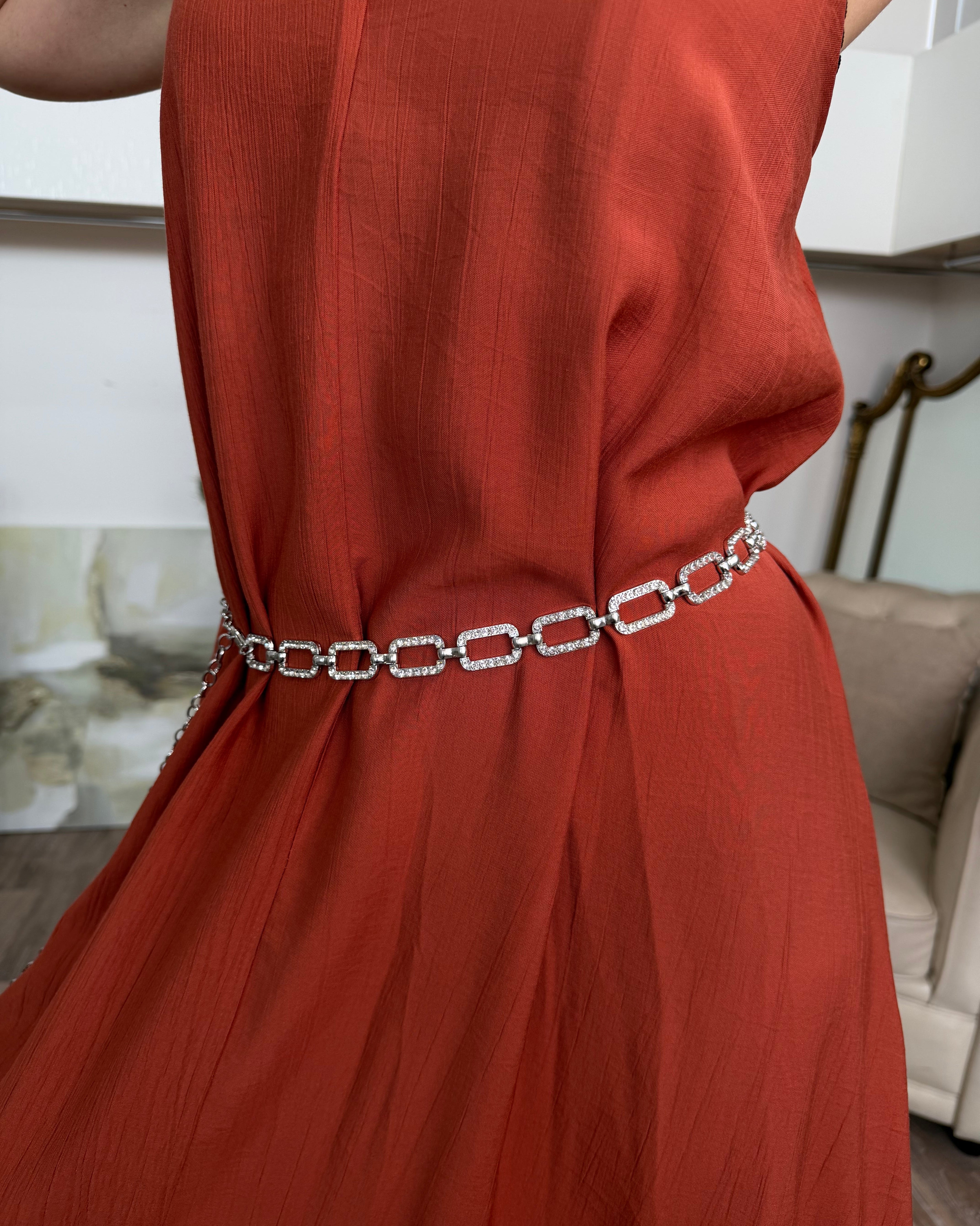 CINTURA ELEGANTE A MAGLIE RETTANGOLARI CON STRASS INCASTONATI COL. SILVER