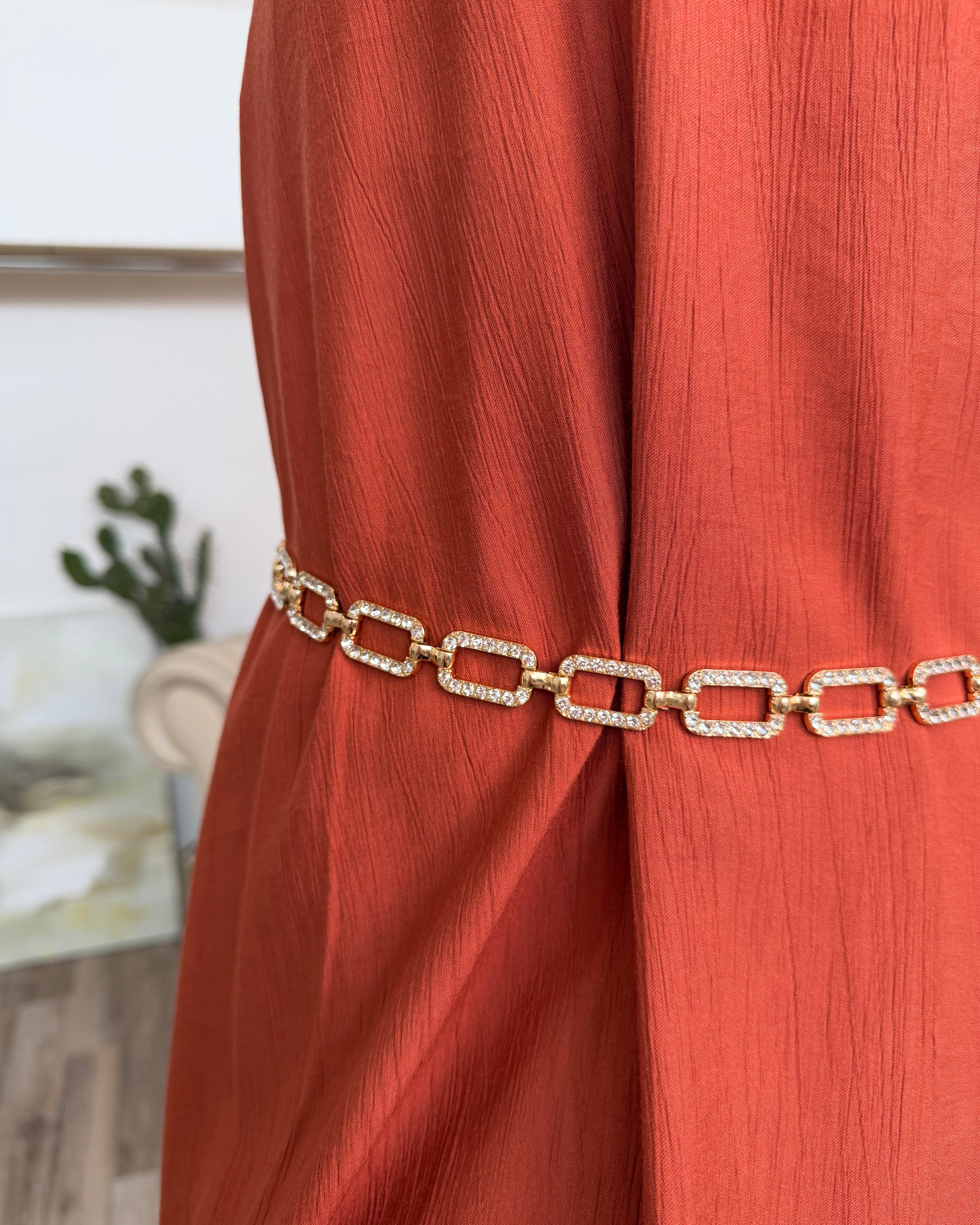 CINTURA ELEGANTE A MAGLIE RETTANGOLARI CON STRASS INCASTONATI COL. GOLD