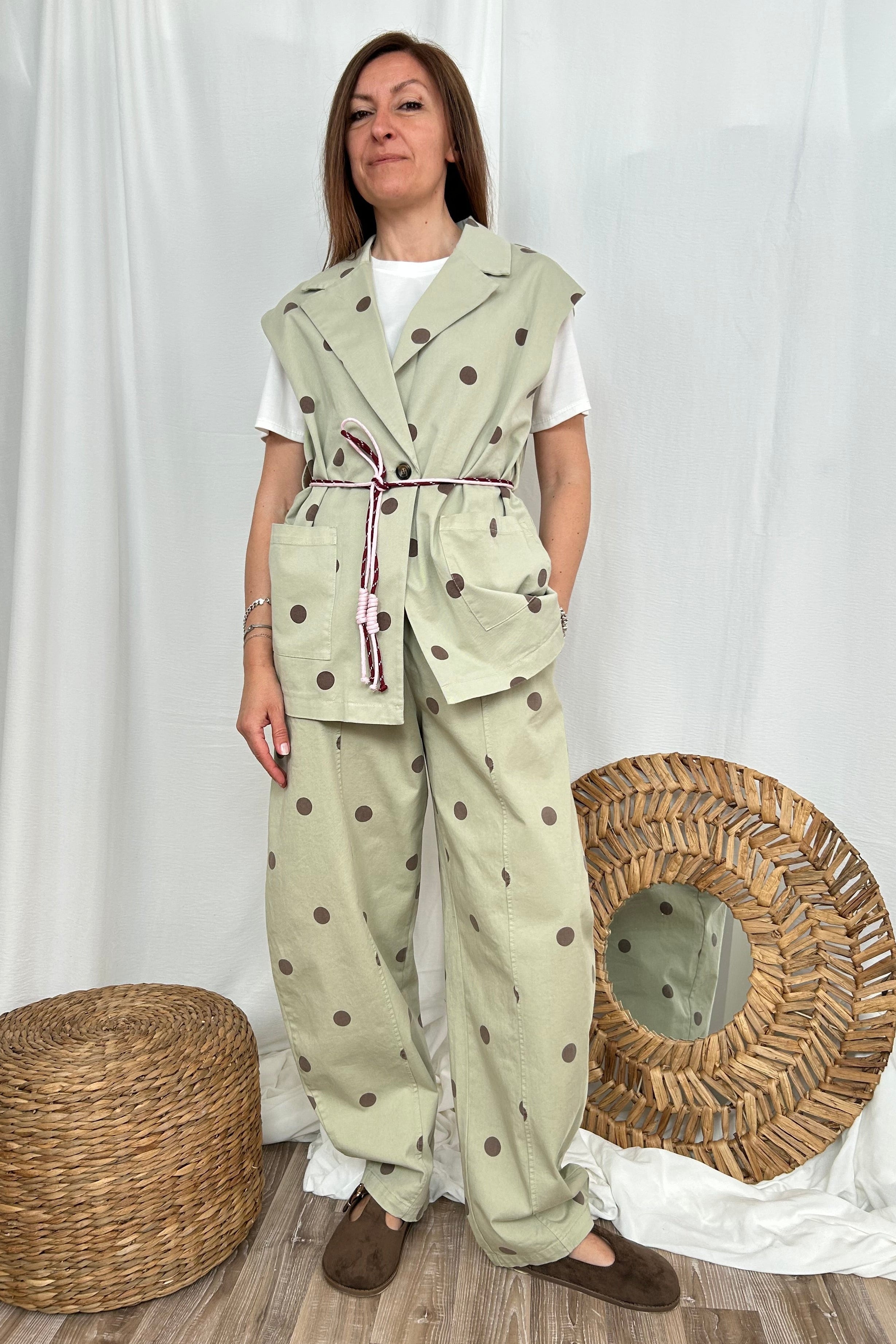 GILET GIACCA SMANICATO A POIS COL. VERDE SALVIA
