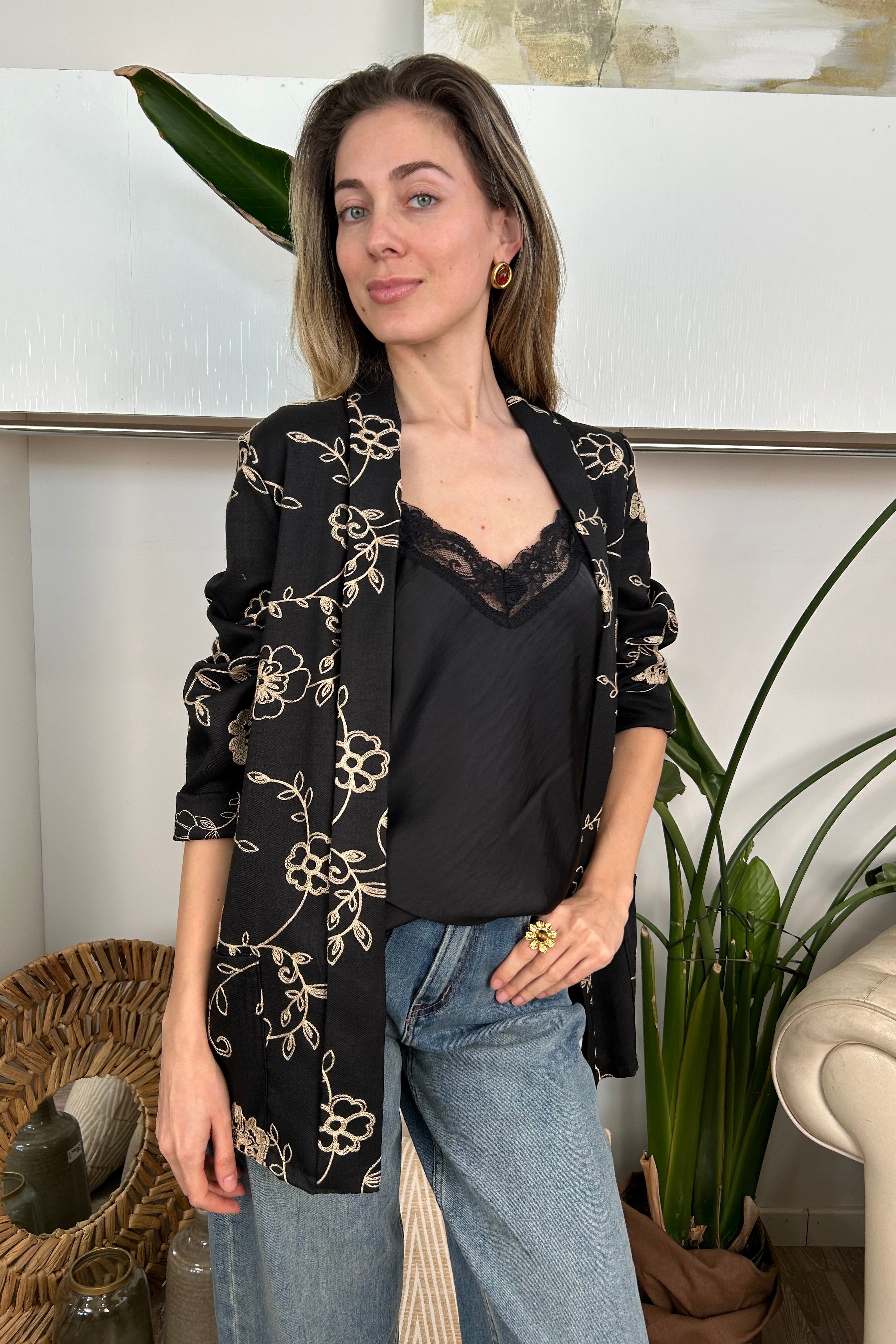 GIACCA KIMONO RICAMATO COL. NERO