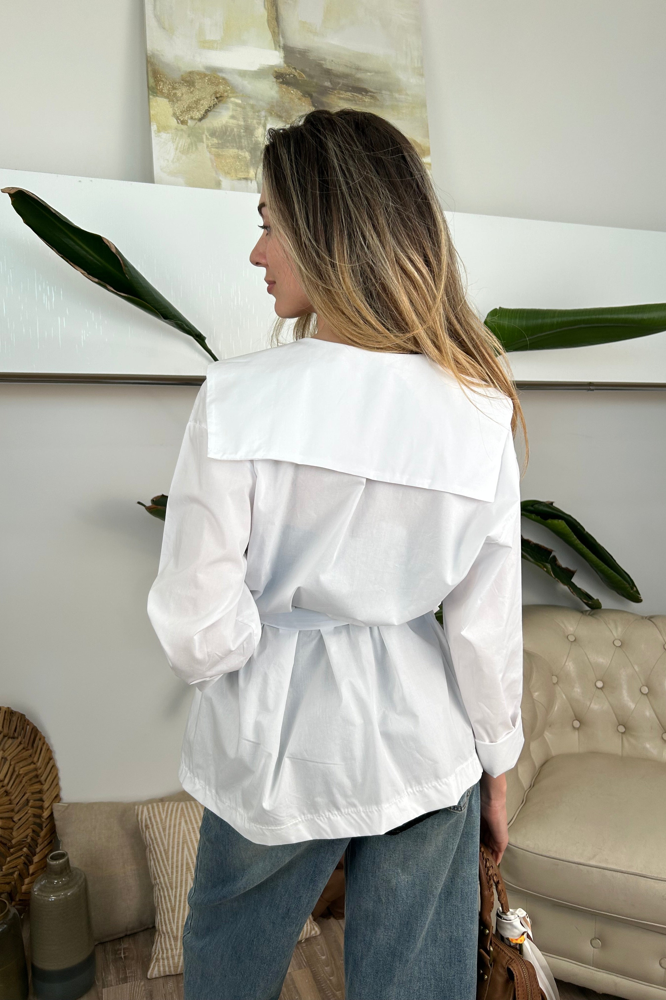 CAMICIA SPOLVERINO IN COTONE CON CINTURA COL. BIANCO
