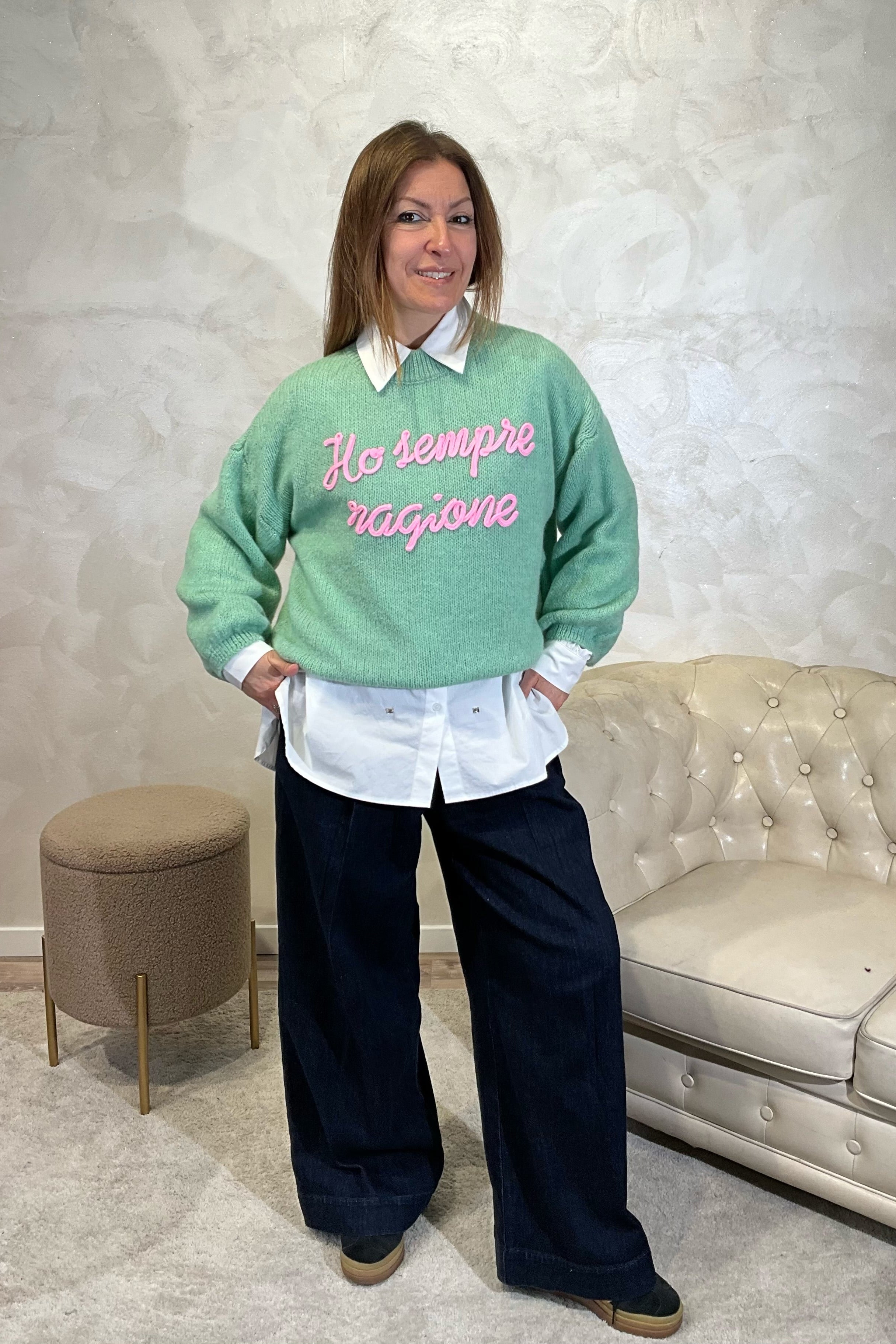 MAGLIONE CON RICAMO "HO SEMPRE RAGIONE" COL.VERDE MENTA