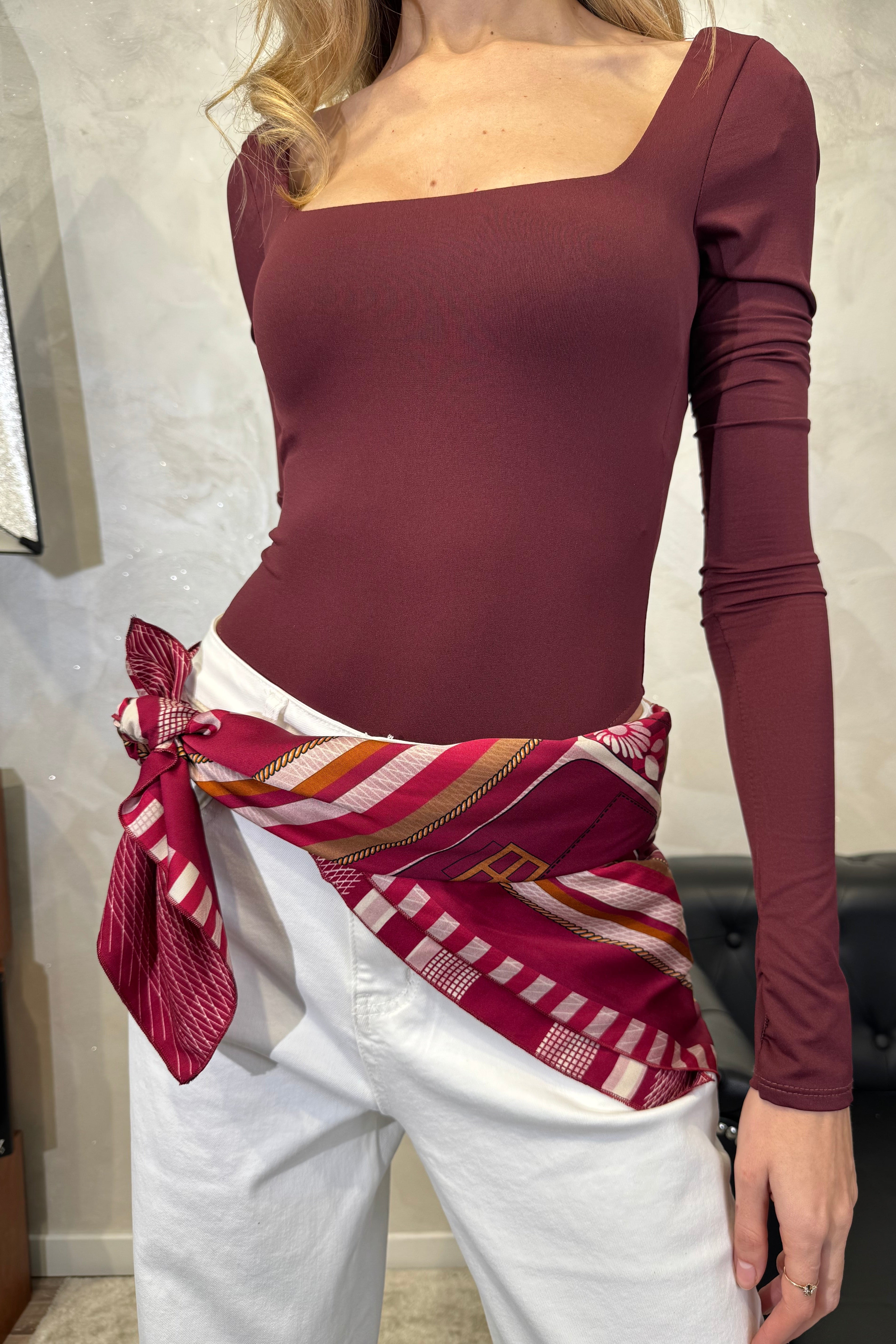 FOULARD DOPPIA STAMPACON STAMPA RIGA E GEOMETRIC BAGS COL. BORDEAUX