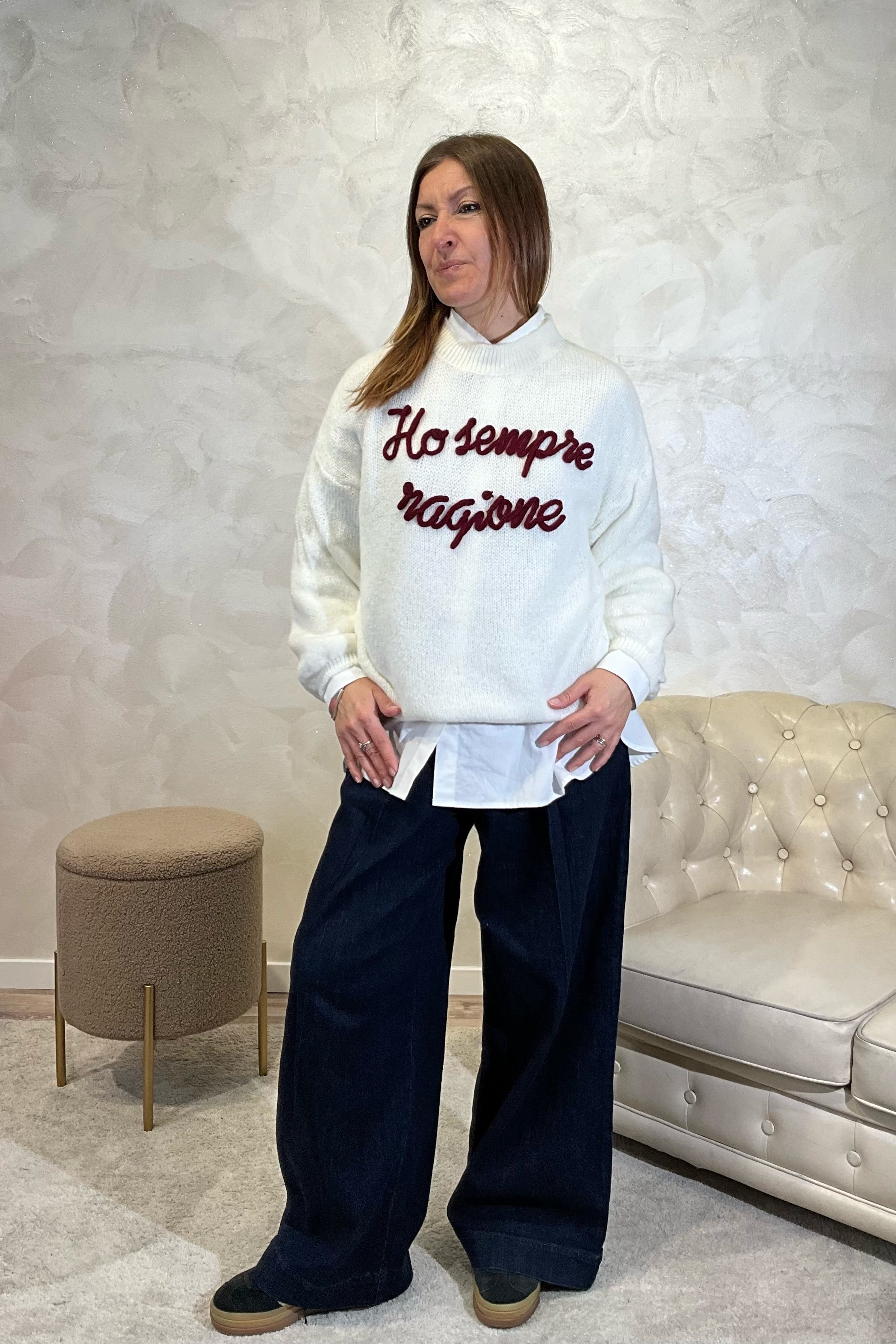 MAGLIONE CON RICAMO "HO SEMPRE RAGIONE" COL.PANNA