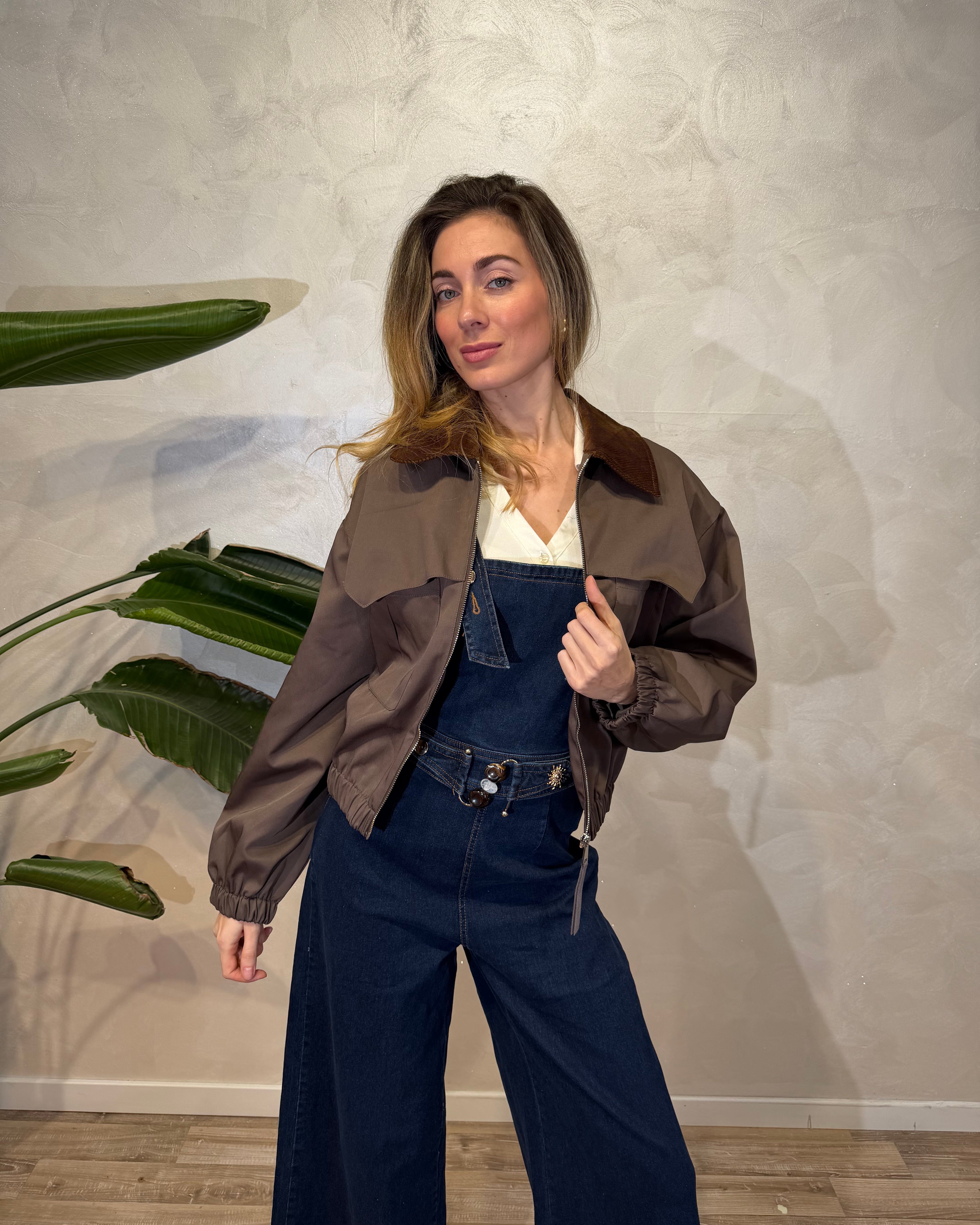 GIUBBOTTO CORTO CON COLLO IN VELLUTO A COSTE COL. CAFFE' SCURO