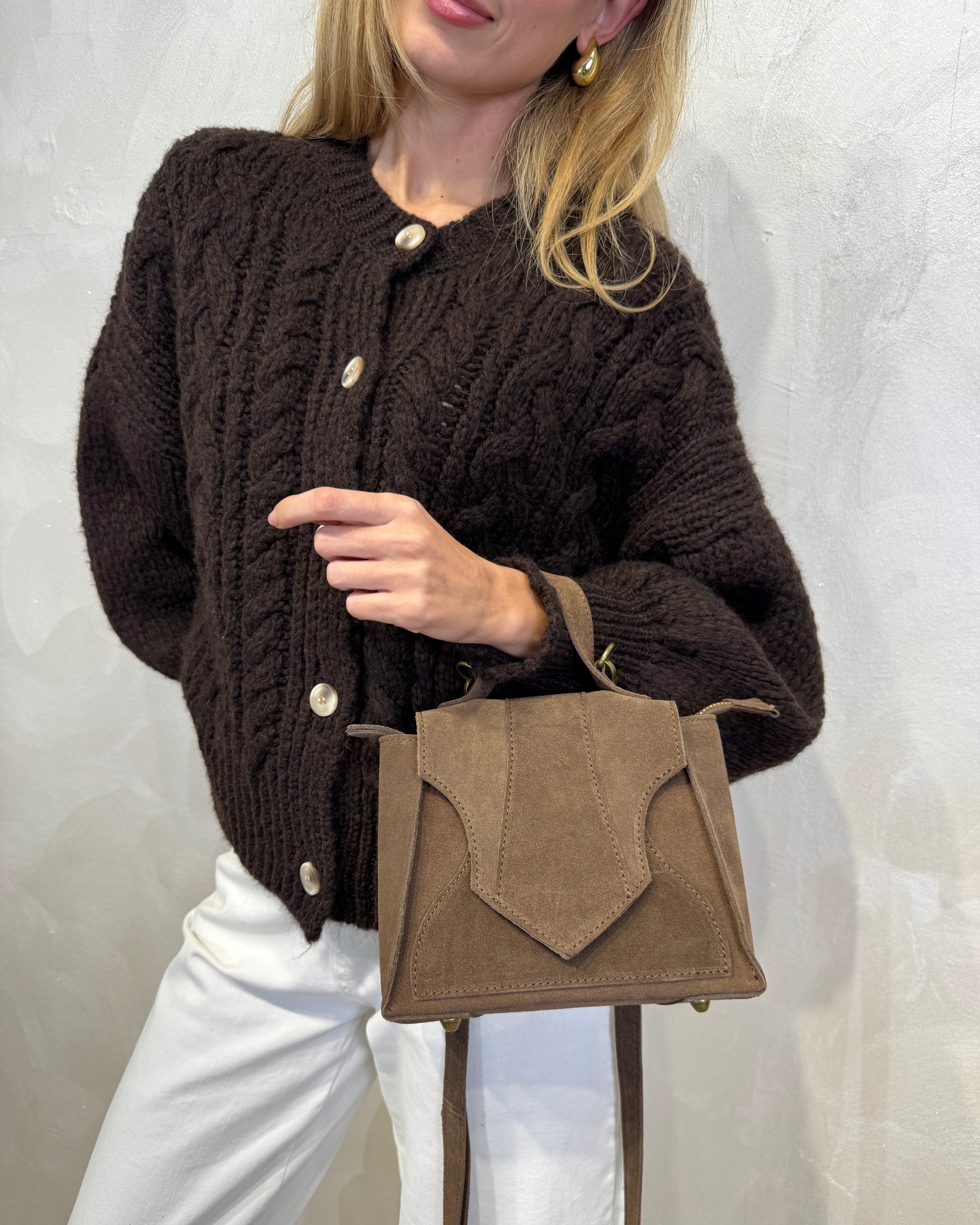 BORSA IN CAMOSCIO CON PANNELLI GEOMETRICI COL.FANGO