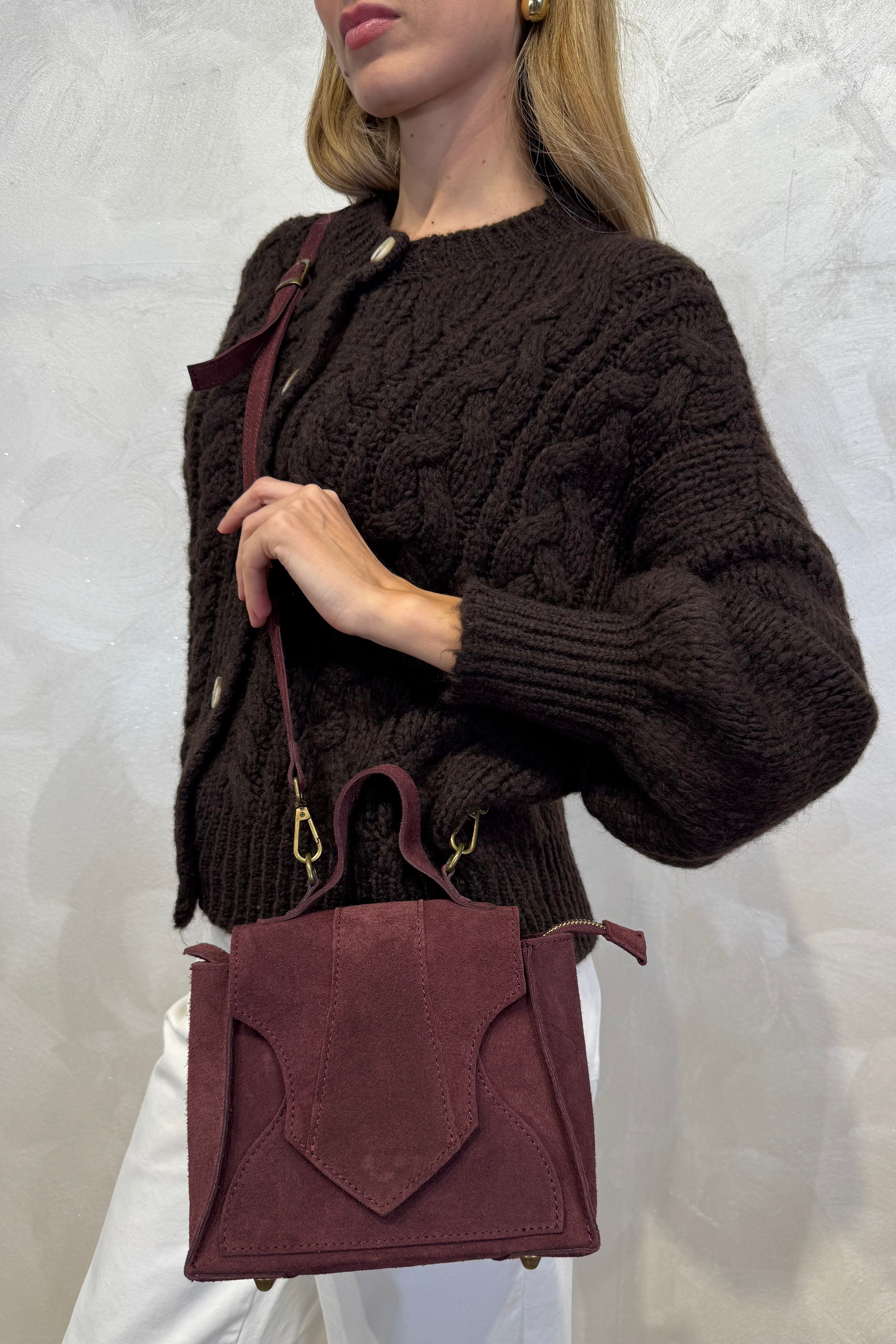 BORSA IN CAMOSCIO CON PANNELLI GEOMETRICI COL.VINO