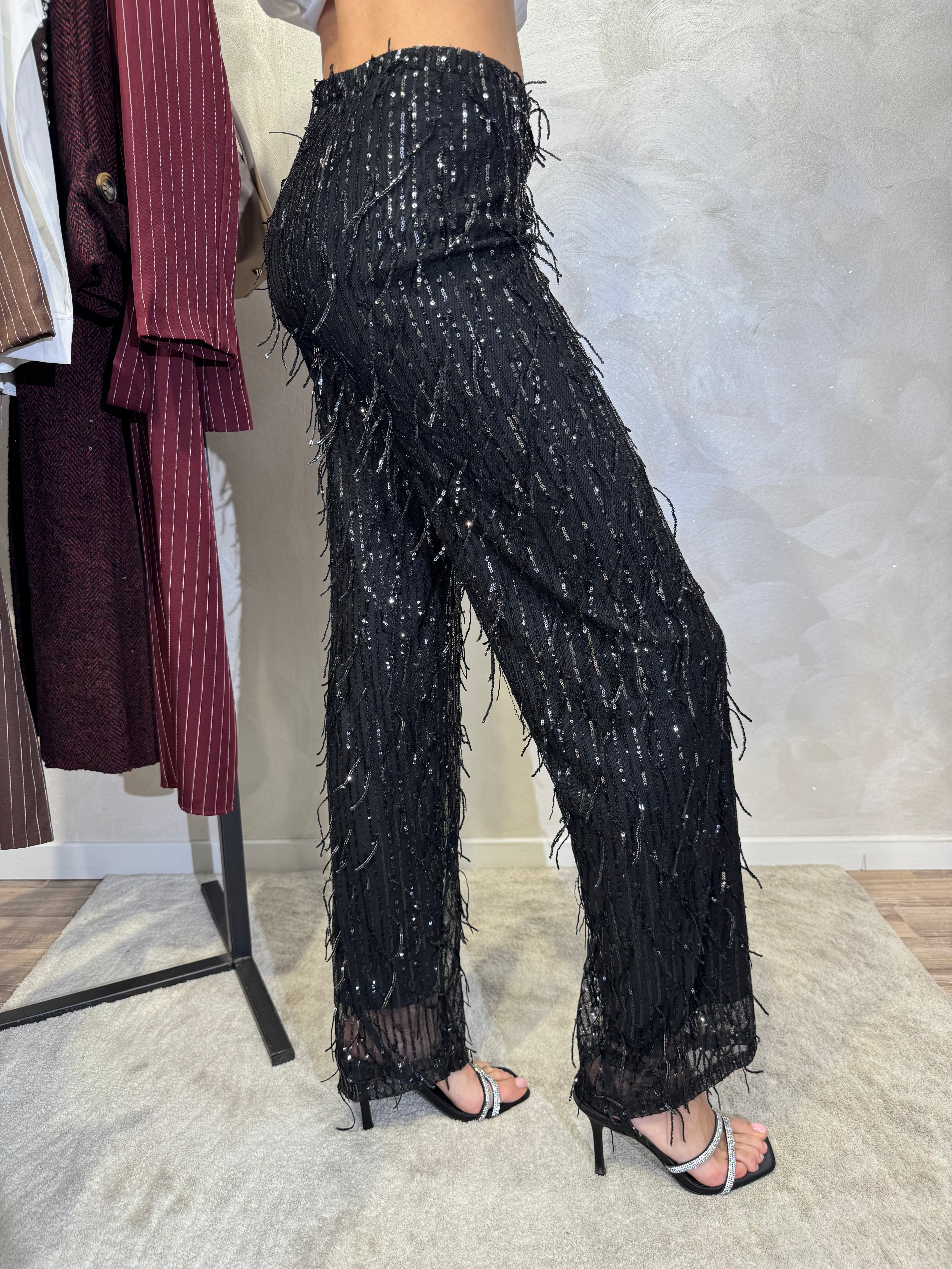 PANTALONE CON FRANGE IN PAILLETTES RICAMATE COL. NERO