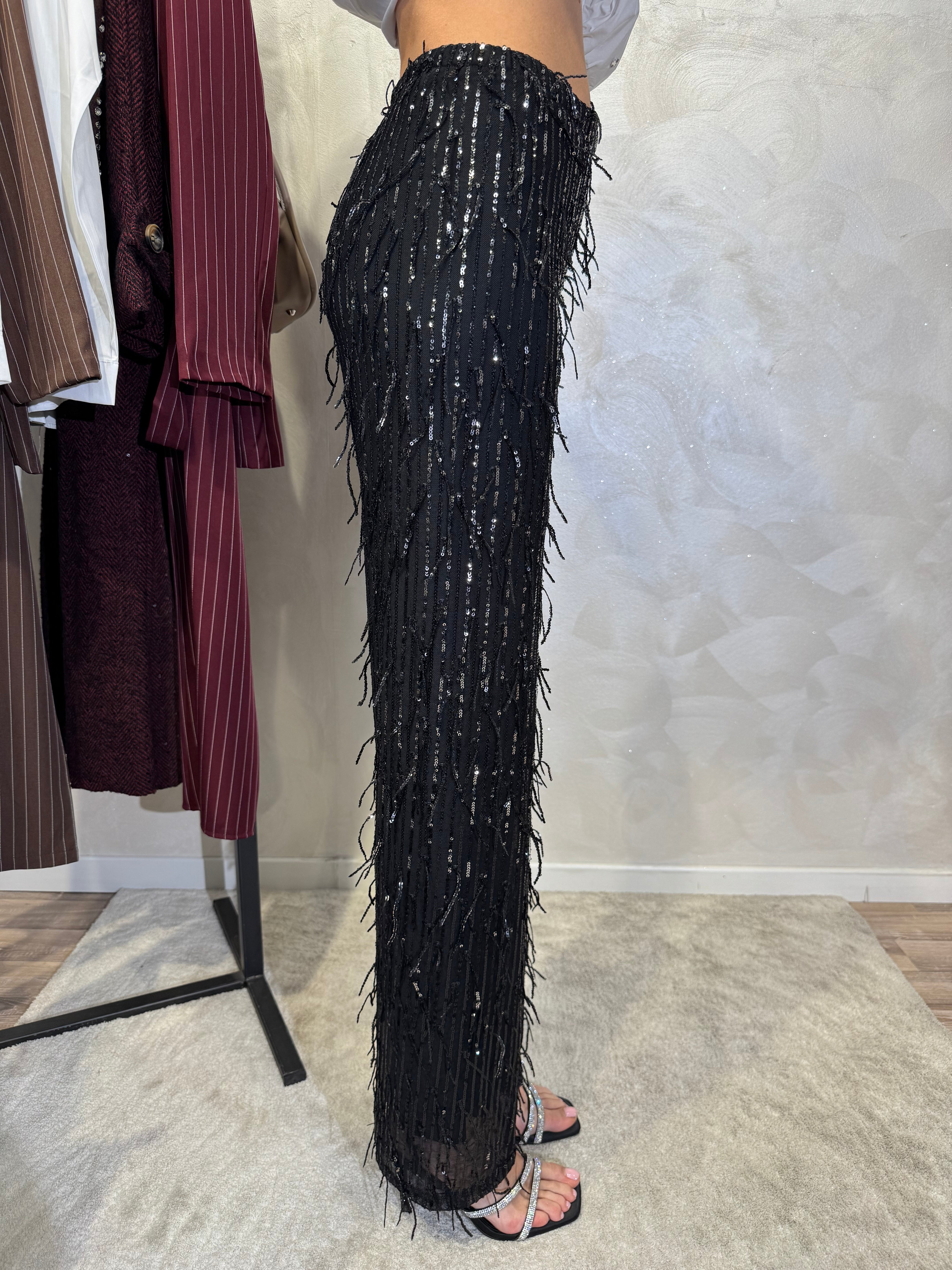 PANTALONE CON FRANGE IN PAILLETTES RICAMATE COL. NERO