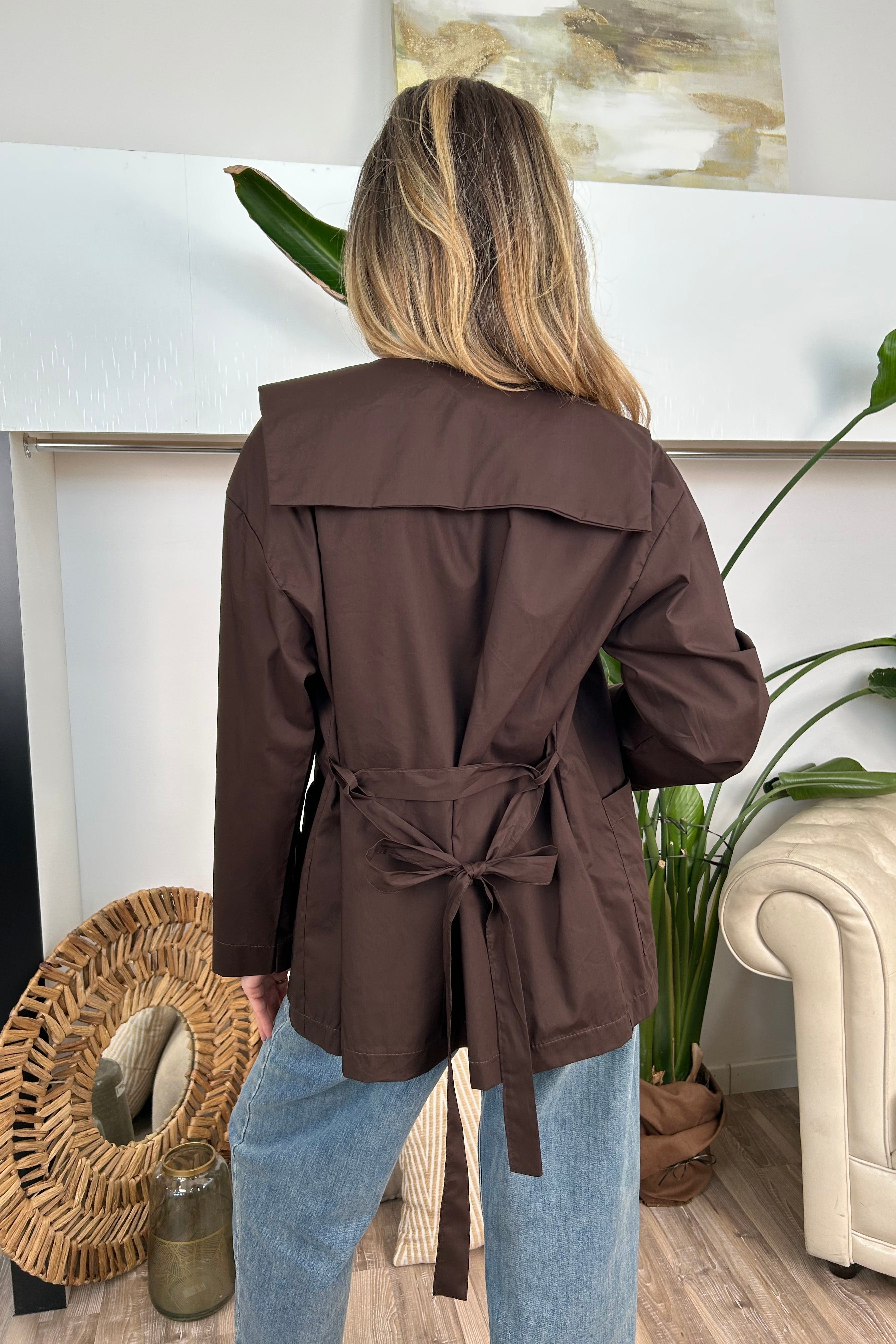 CAMICIA SPOLVERINO IN COTONE CON CINTURA COL. BLACK COFFEE