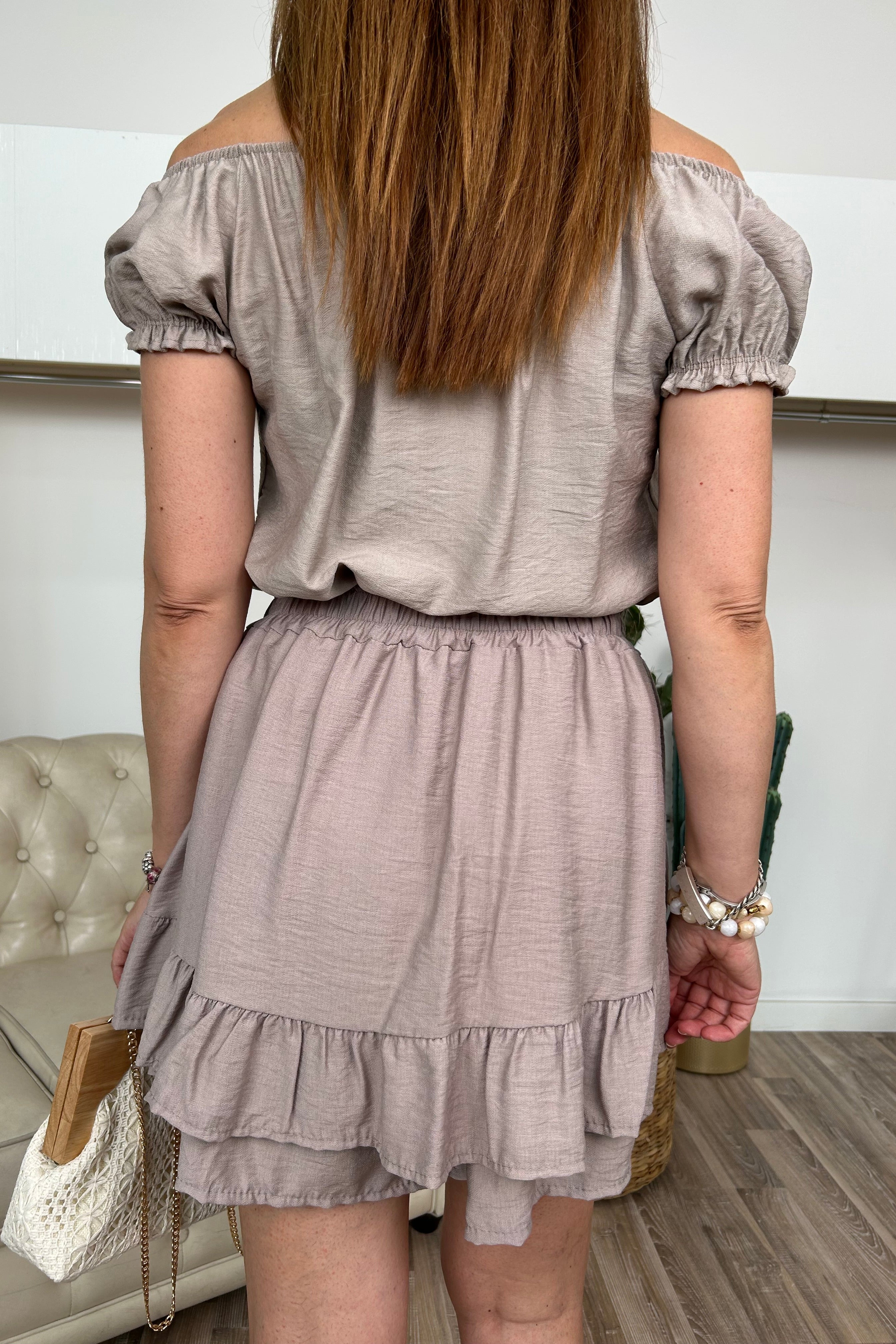COMPLETO CON TOP OFF-SHOULDERS E GONNA PANTA COORDINATA COL. TAUPE