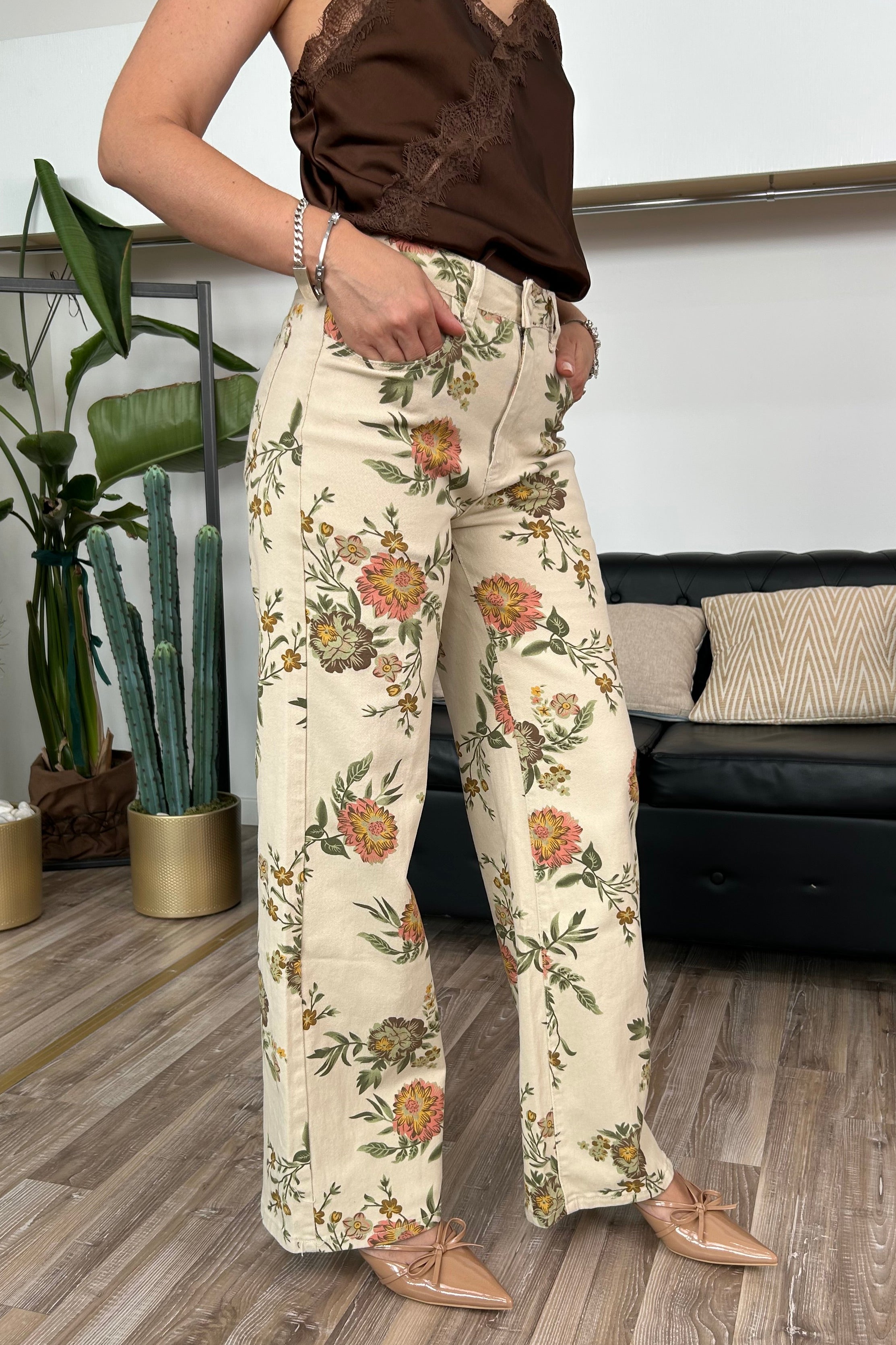PANTALONE A PALAZZO FLOREALE SU BASE BEIGE MOD. ALESSIA