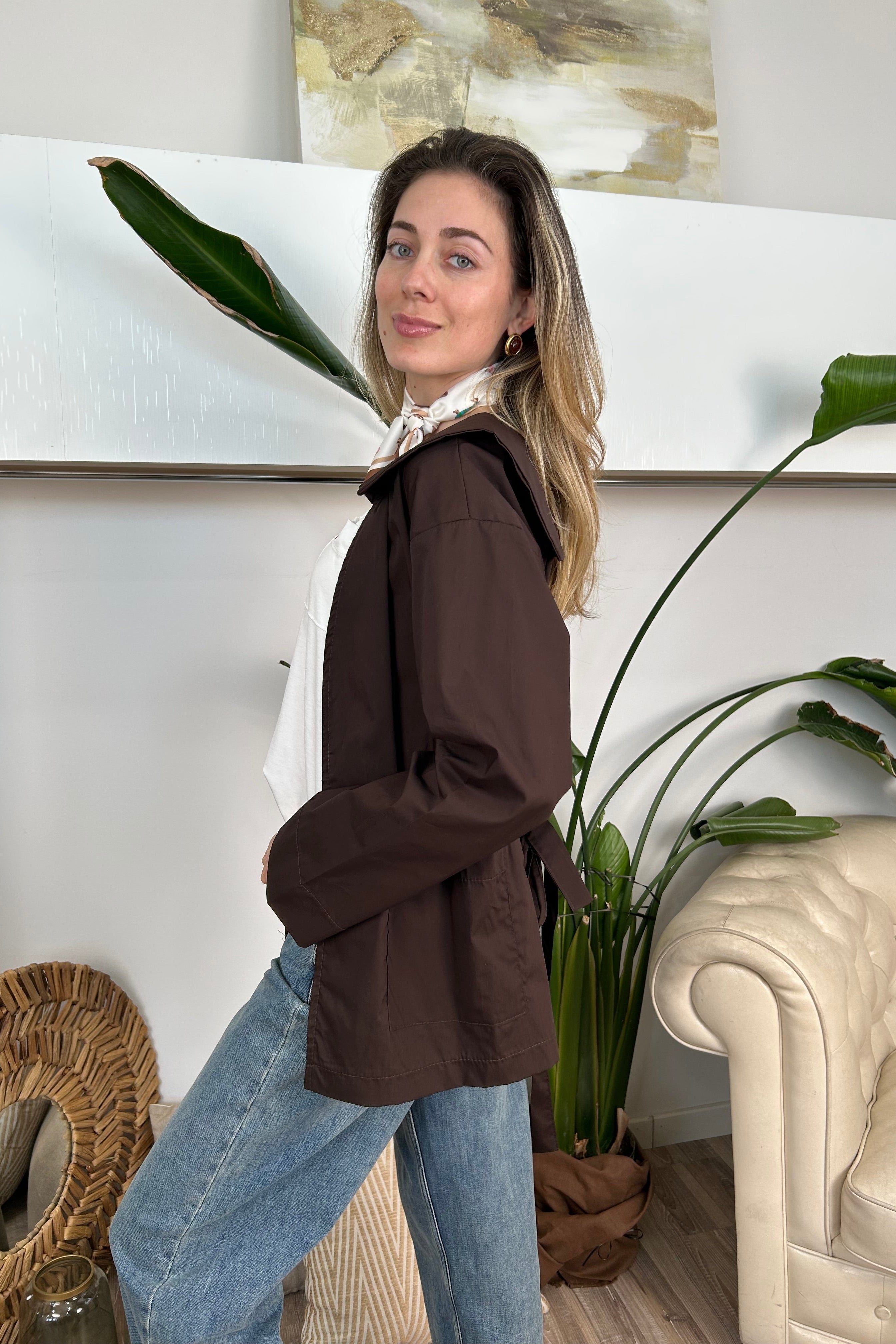CAMICIA SPOLVERINO IN COTONE CON CINTURA COL. BLACK COFFEE