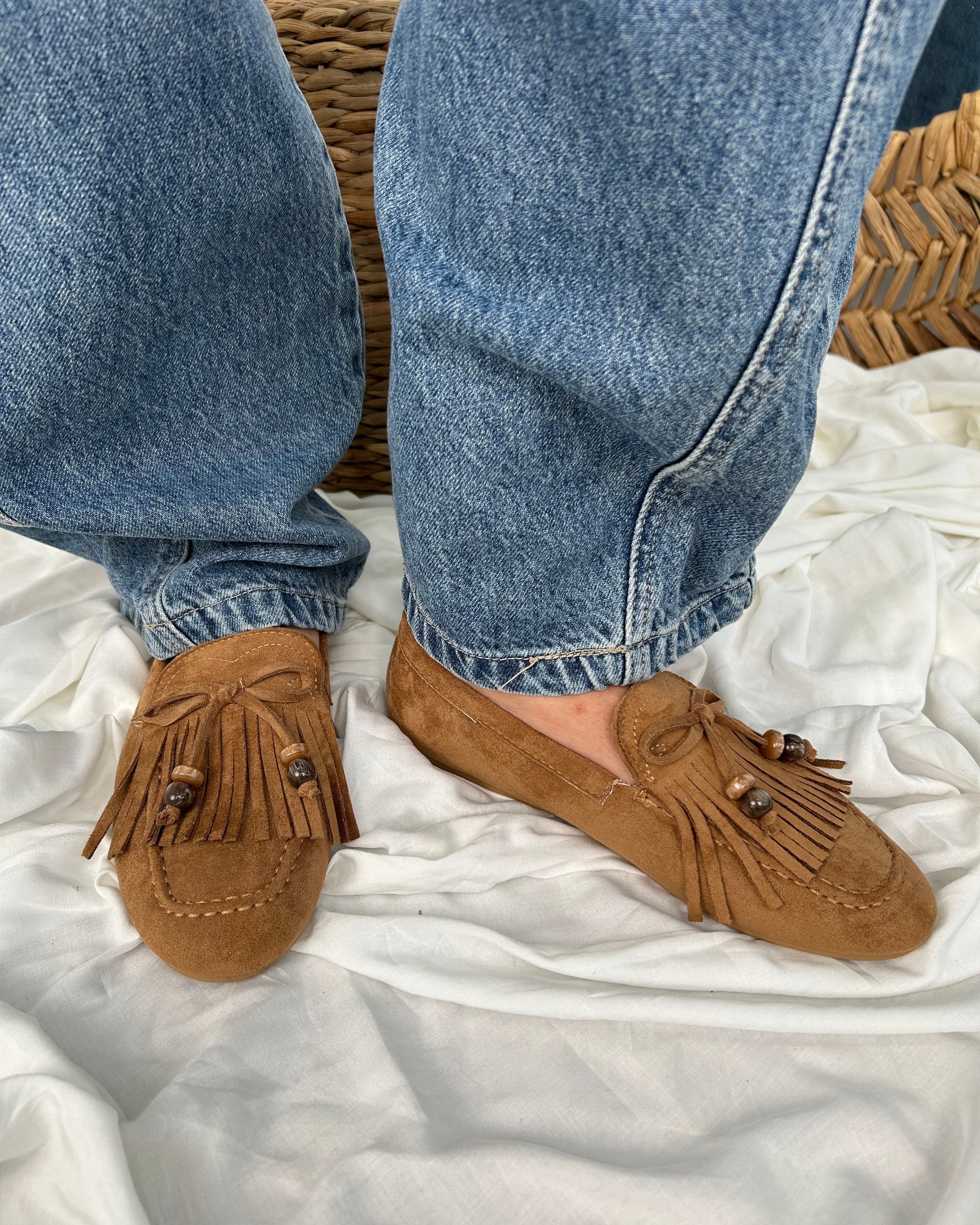 SCARPA MOCASSINI DONNA SCAMOSCIATI FRANGE COL CAMEL