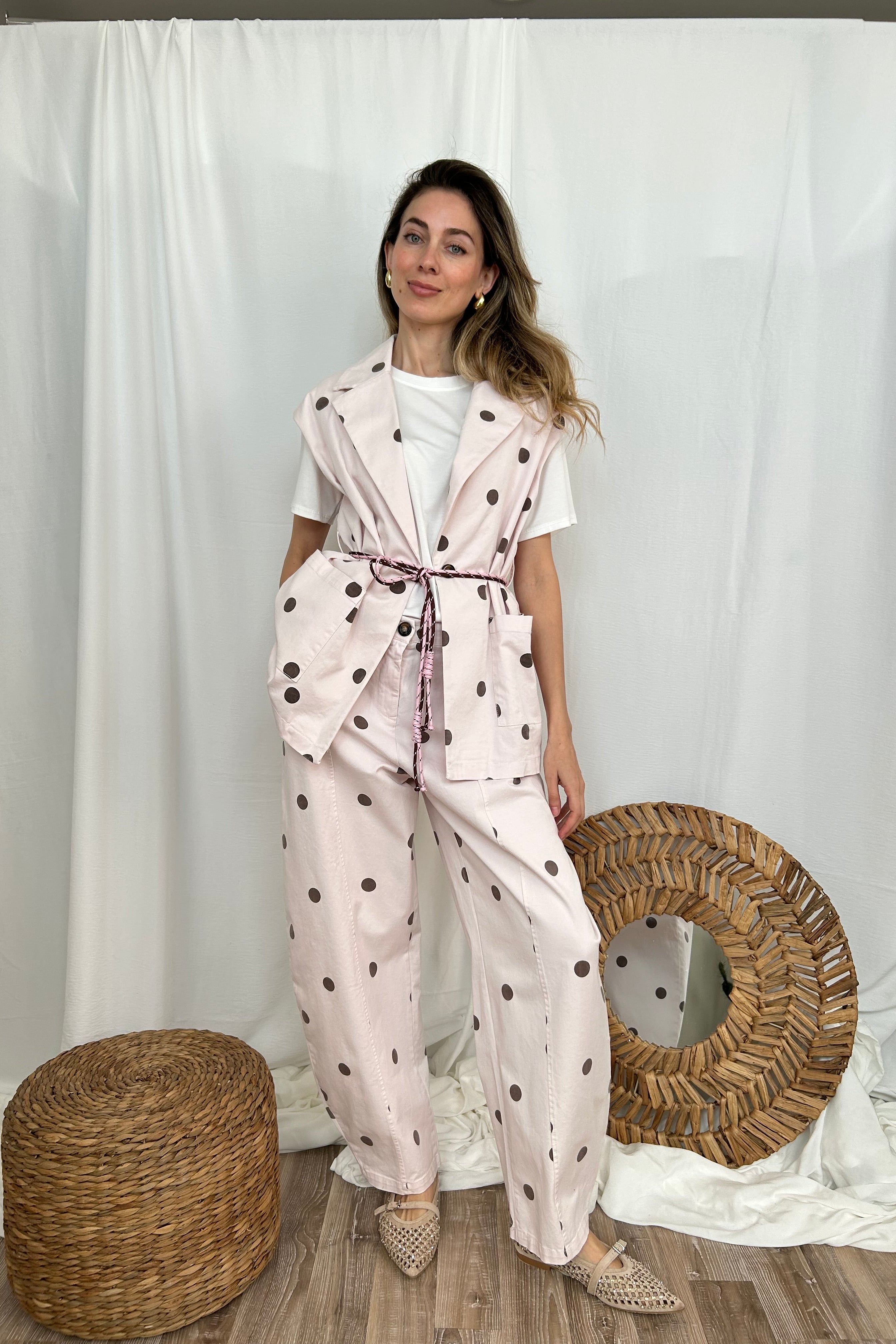 GILET GIACCA SMANICATO A POIS COL. ROSA