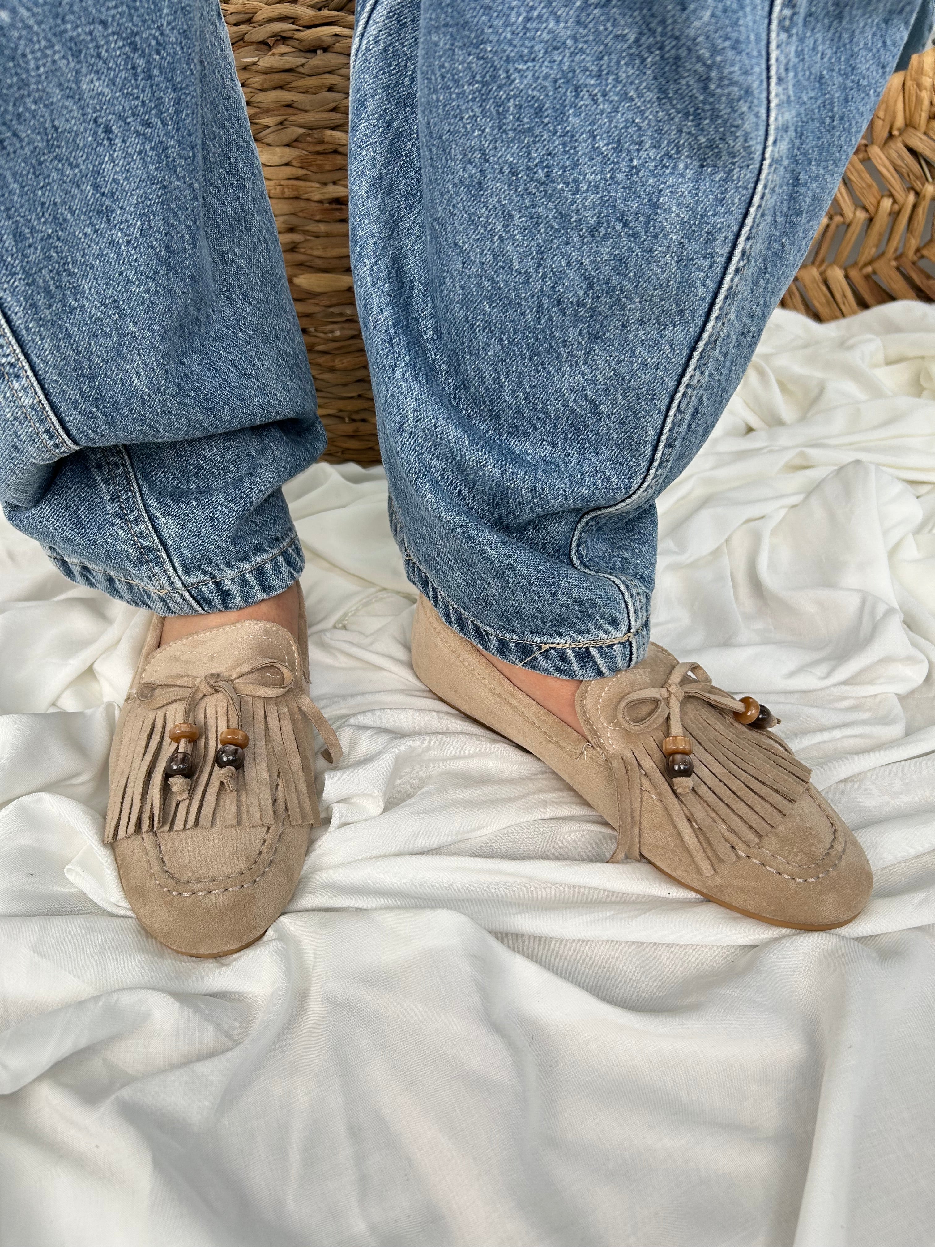 SCARPA MOCASSINI DONNA SCAMOSCIATI FRANGE COL KHAKI
