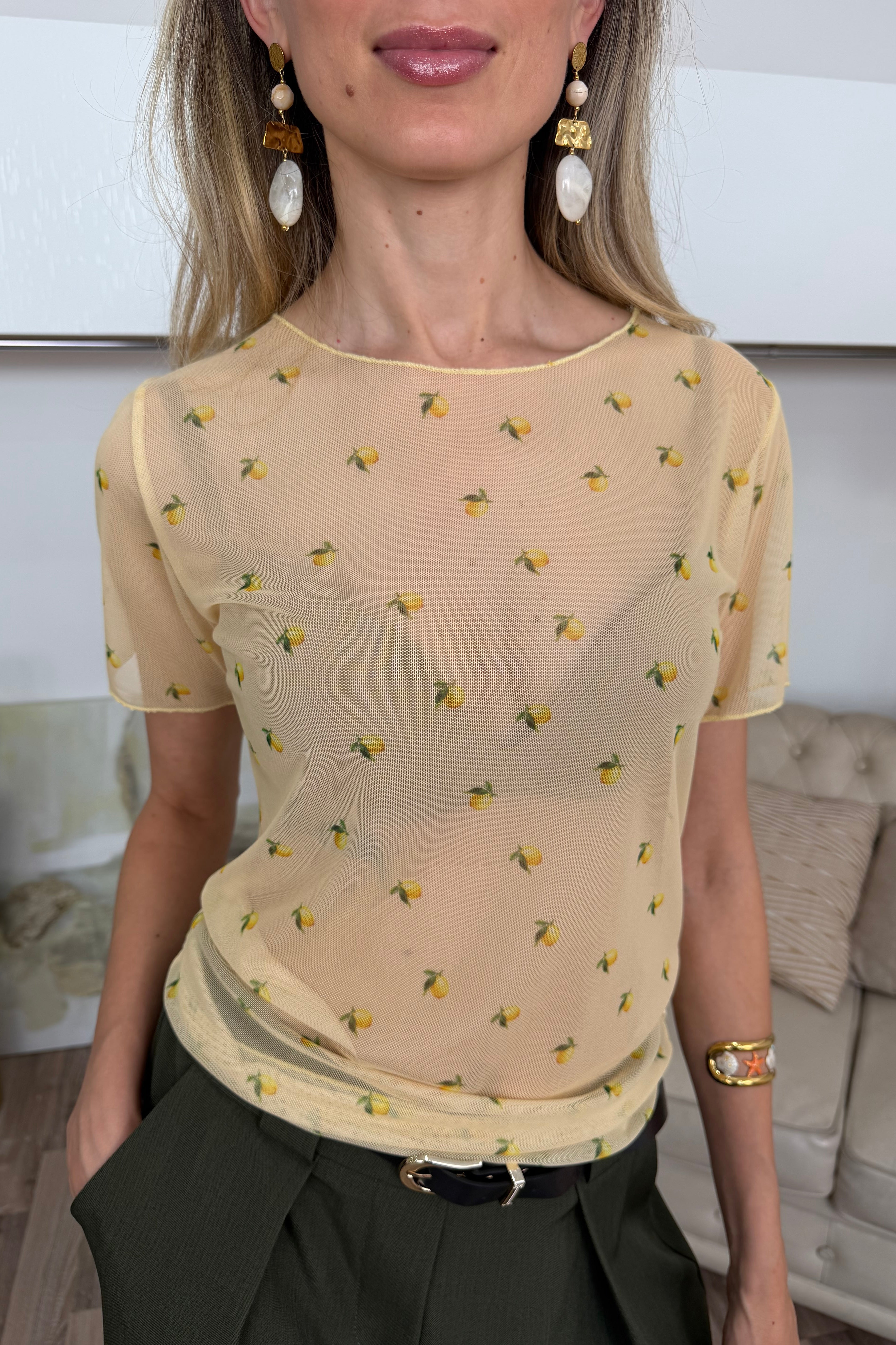 T-SHIRT SEMI‑SHEER PATTERN COL. GIALLO