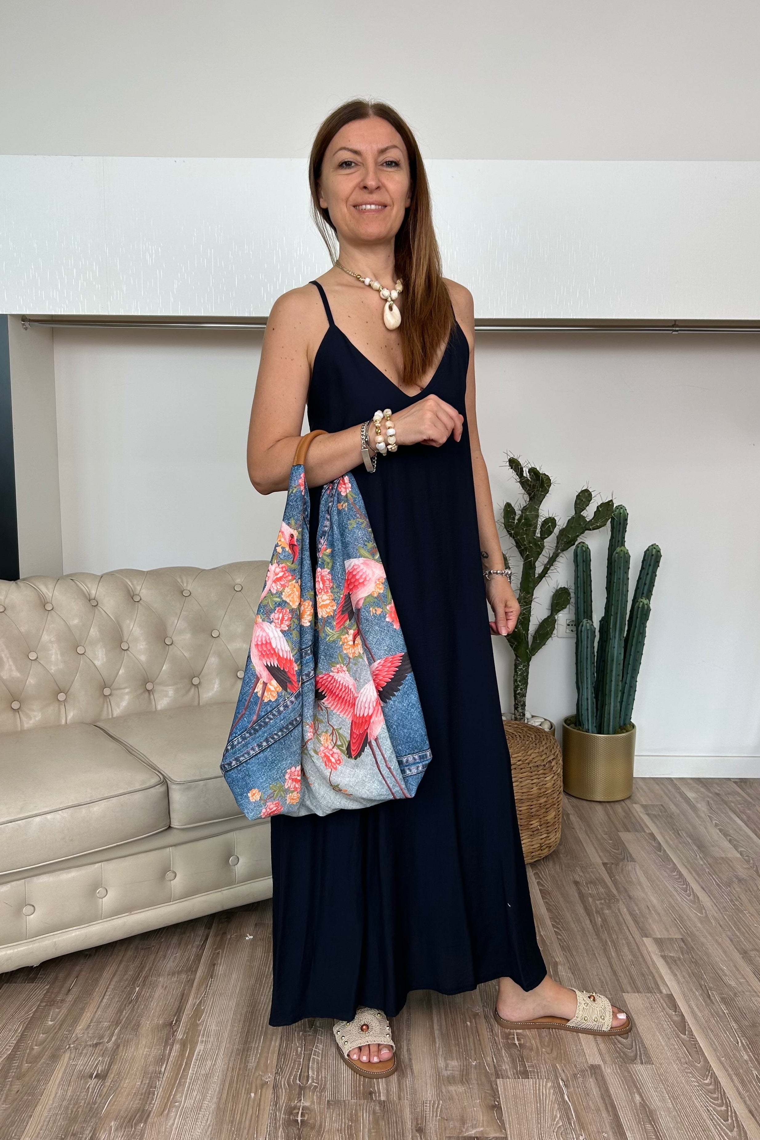 BORSA ARTIGIANALE IN TESSUTO CON MANICO ECOPELLE FLAMINGO GARDEN