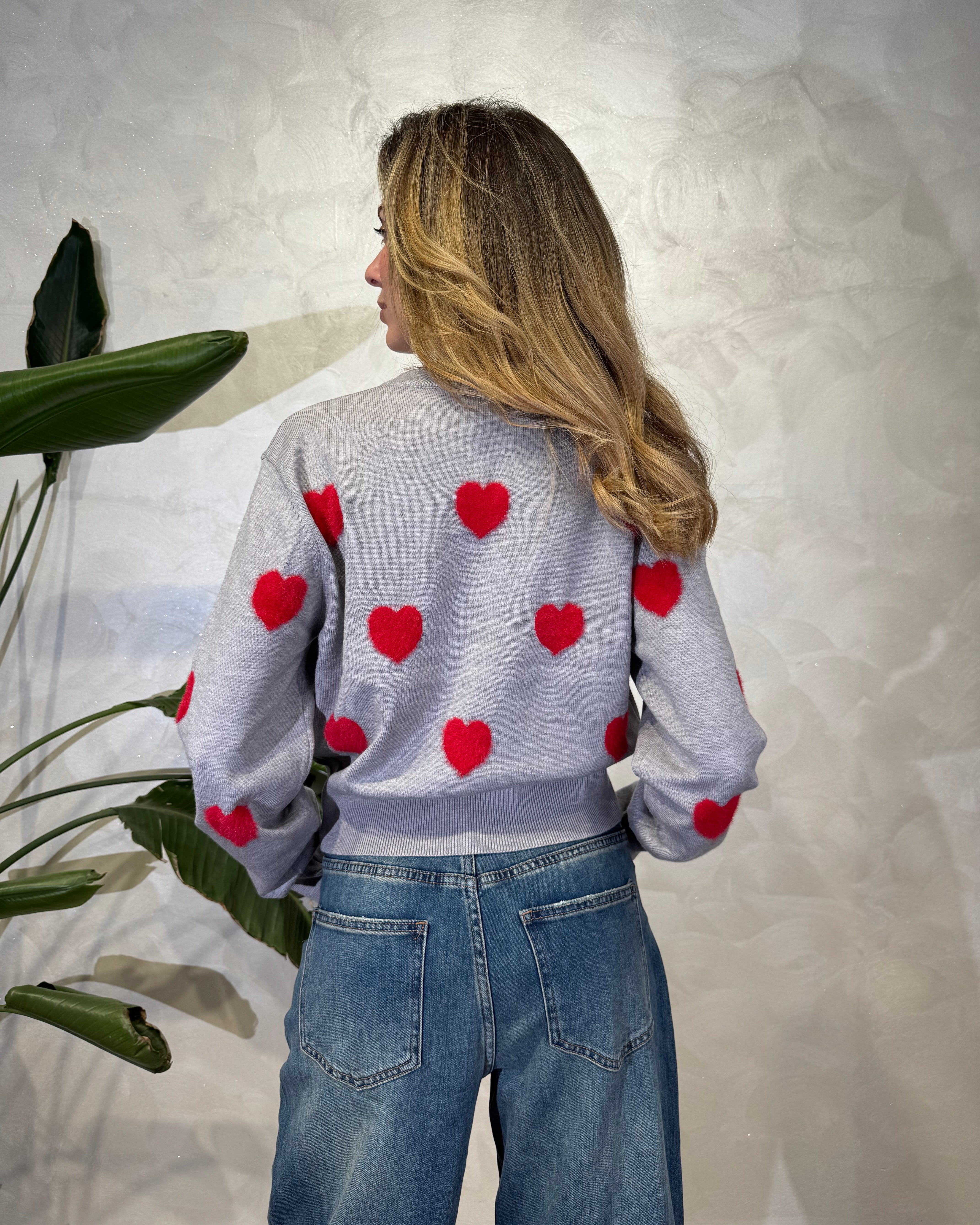 MAGLIA TRICOT CON CUORI ROSSI COL. GRIGIO