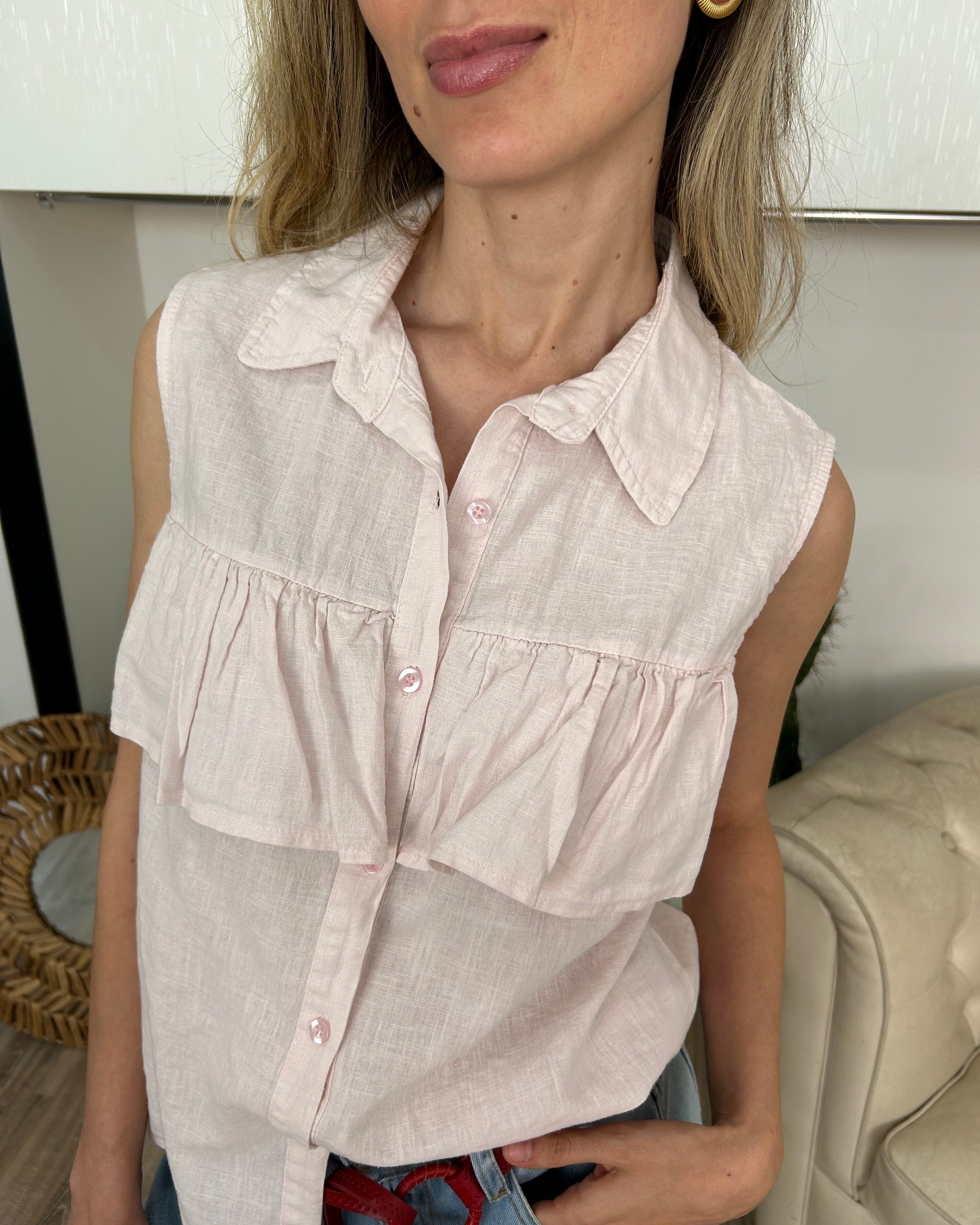 BLUSA SMANICATA CON ROUCHES COL. ROSA