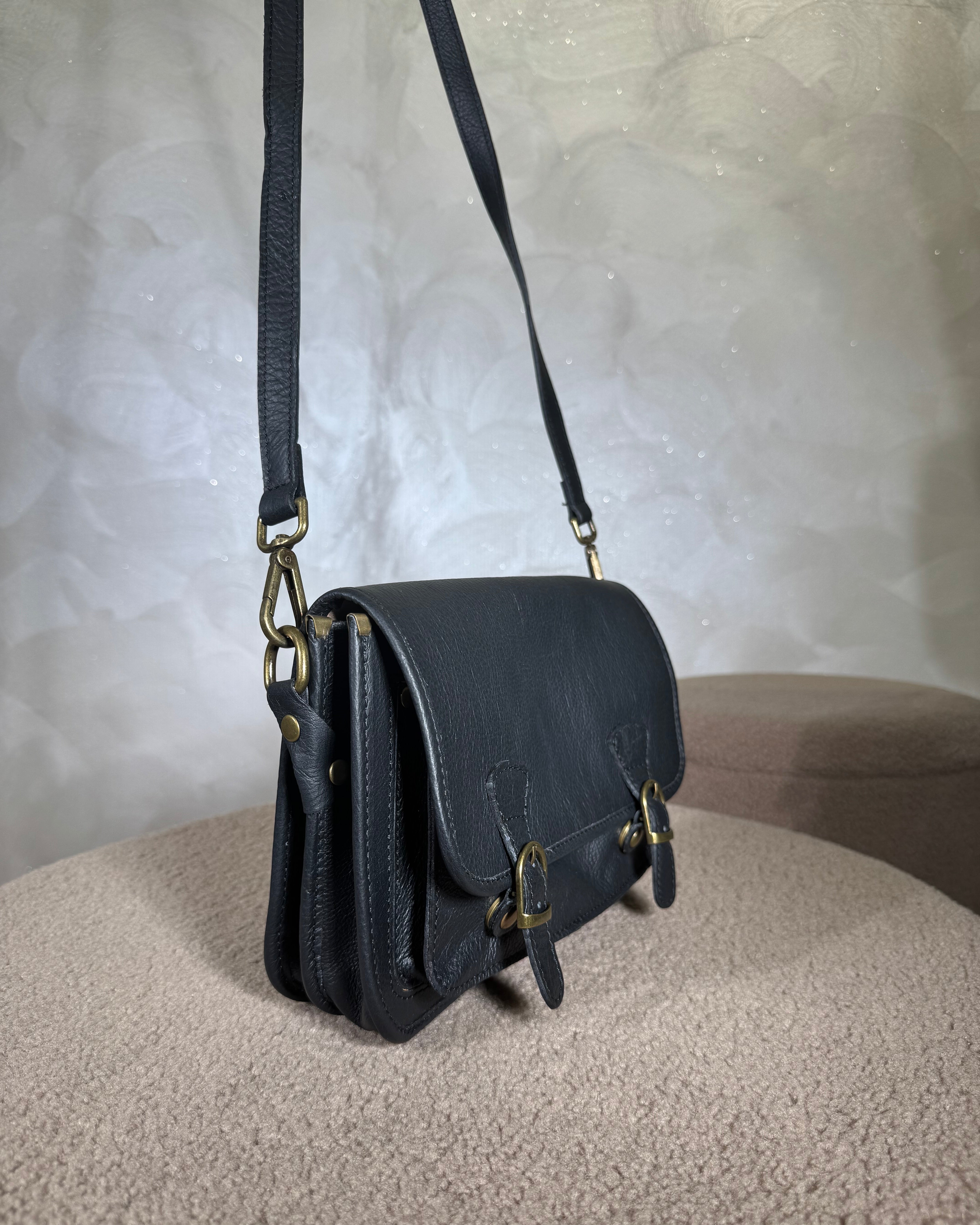 BORSA VERA PELLE DOPPIA FIBBIA COL.NERO