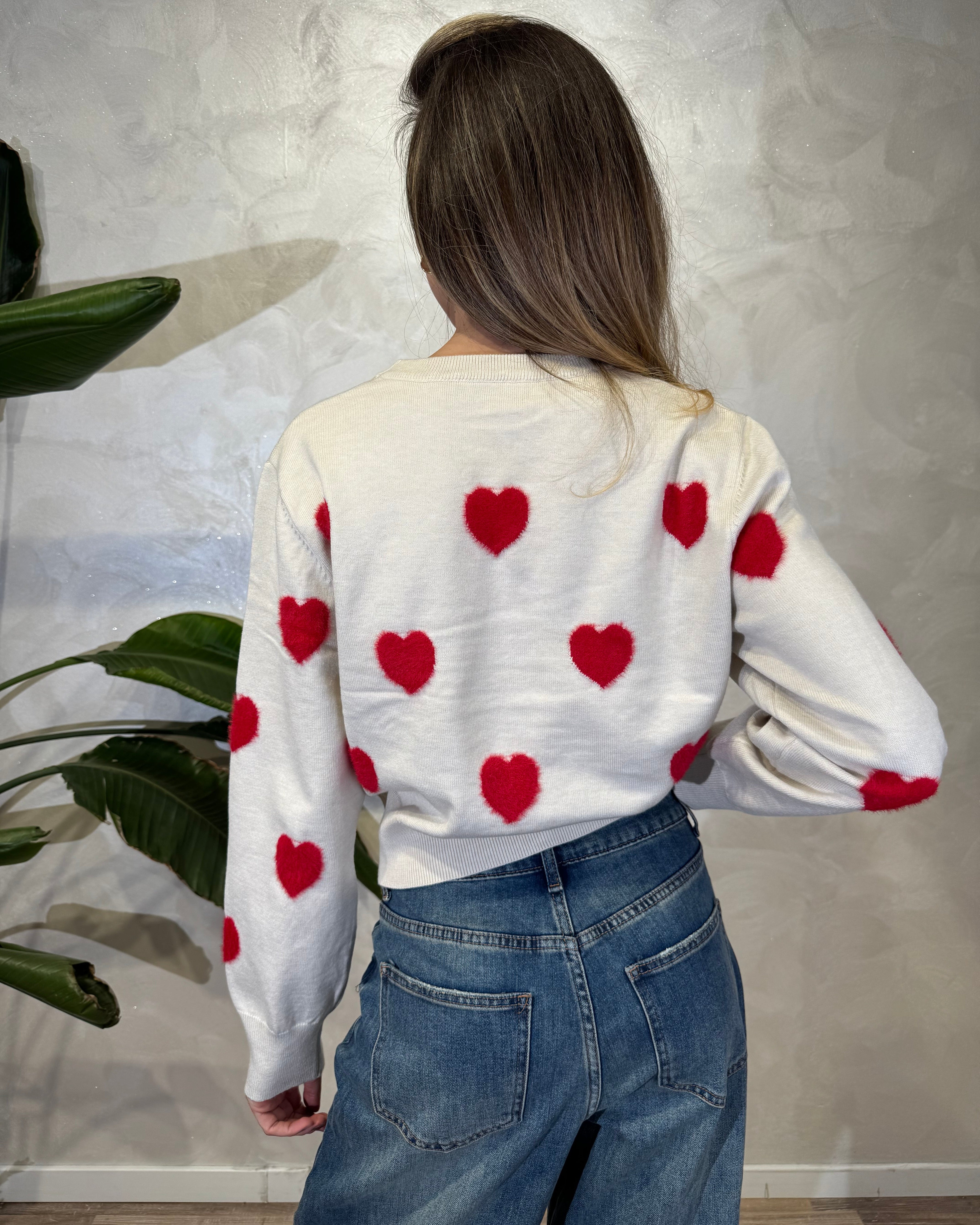 MAGLIA TRICOT CON CUORI ROSSI COL. PANNA