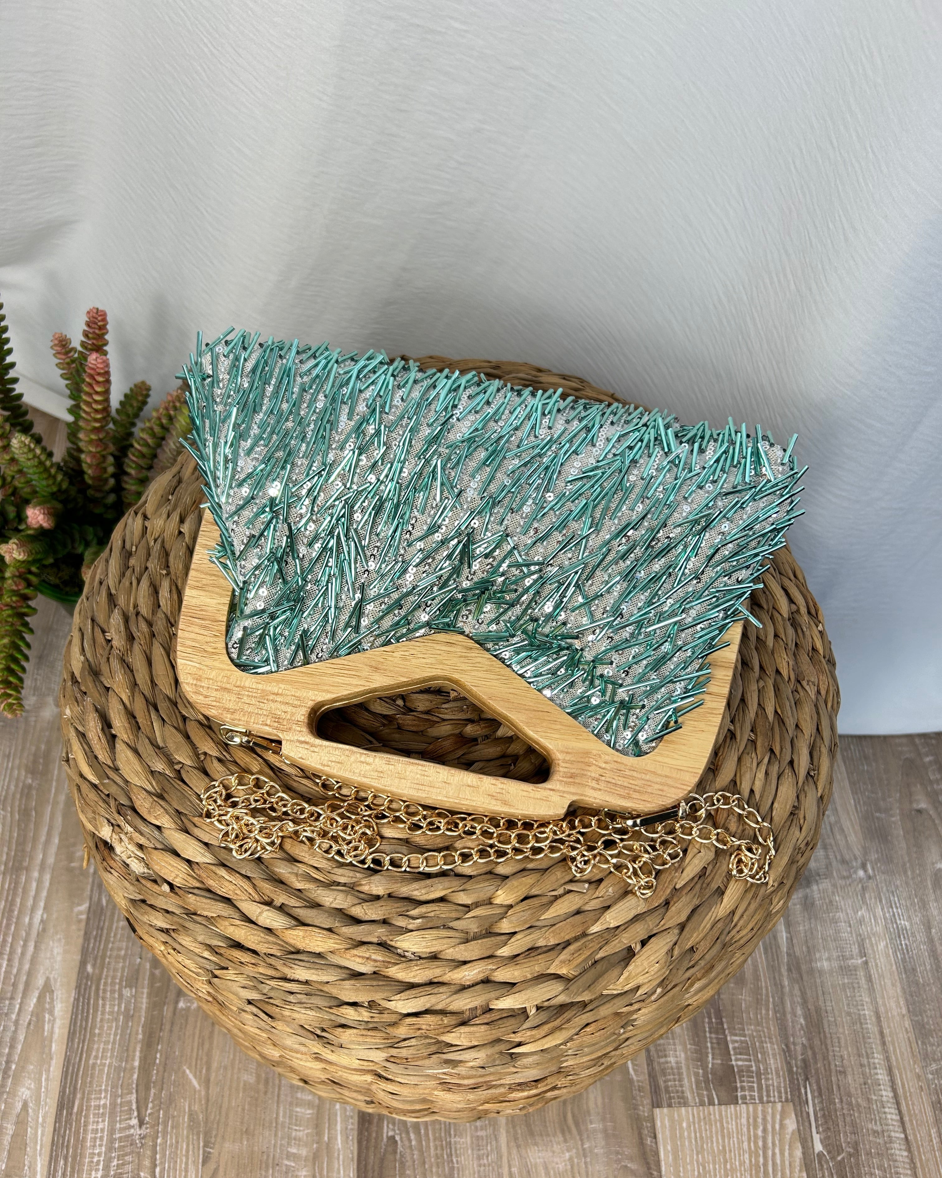 MINI BAG FRINGE CON MANICO IN LEGNO COL. VERDE
