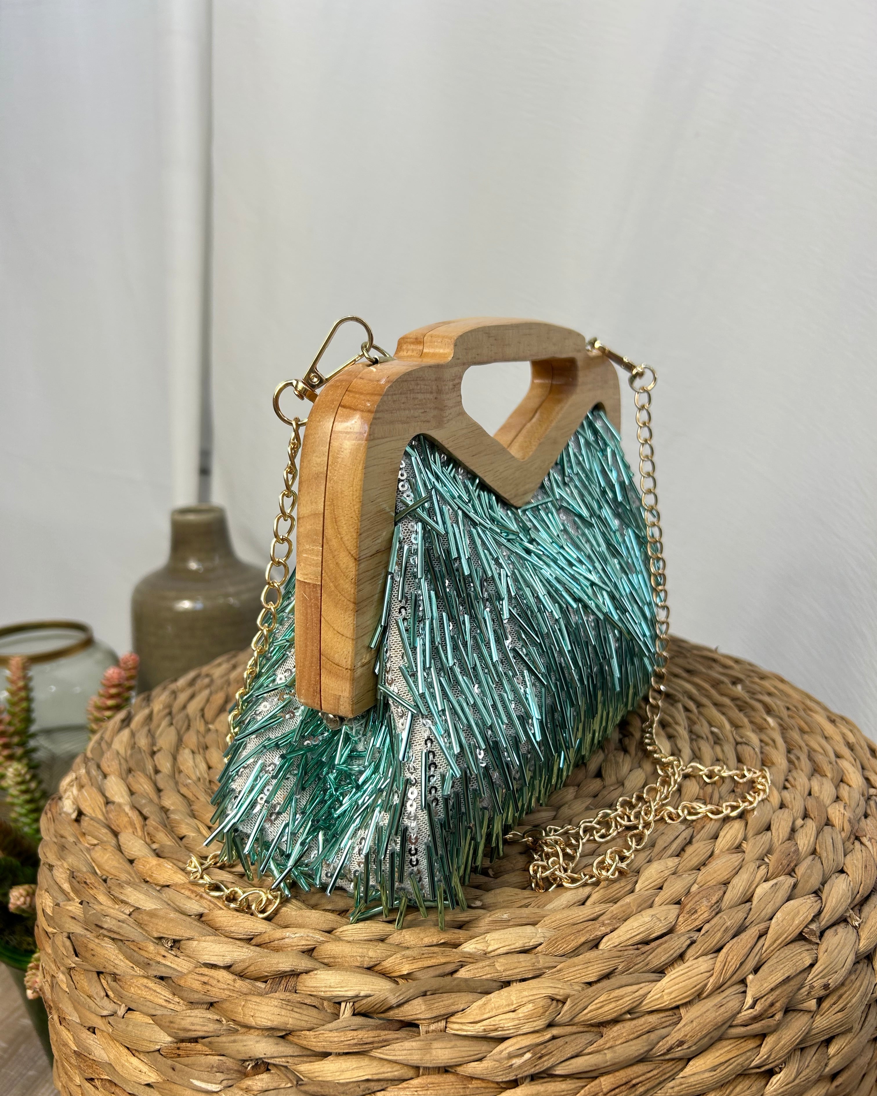 MINI BAG FRINGE CON MANICO IN LEGNO COL. VERDE