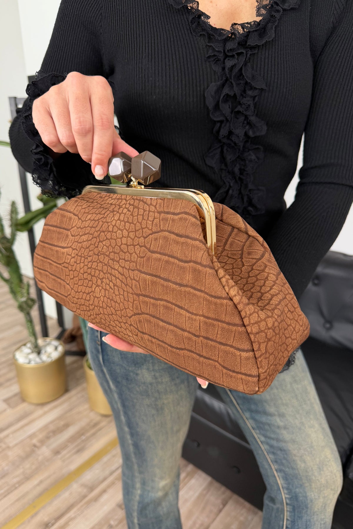 POCHETTE EFFETTO COCCODRILLO COL. CAMEL