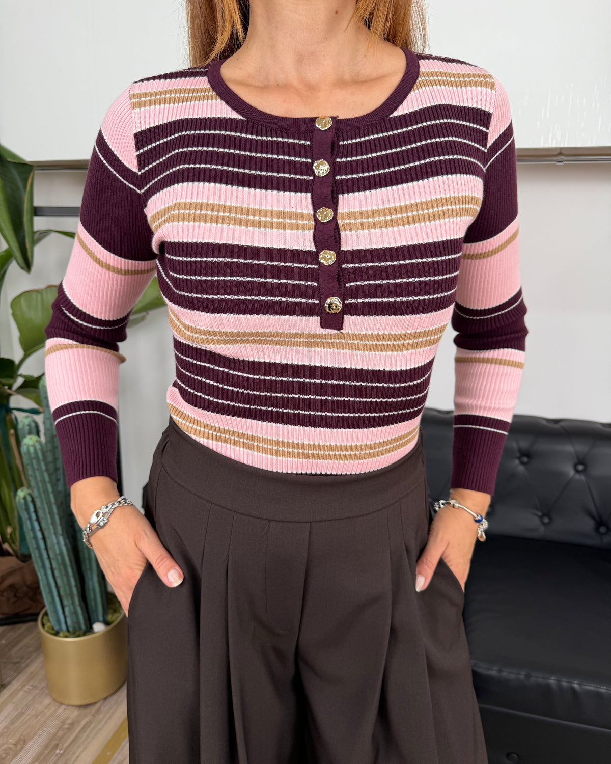 BODY IN MAGLIA A COSTINA RIGATA MULTICOLOR COL. BORDEAUX