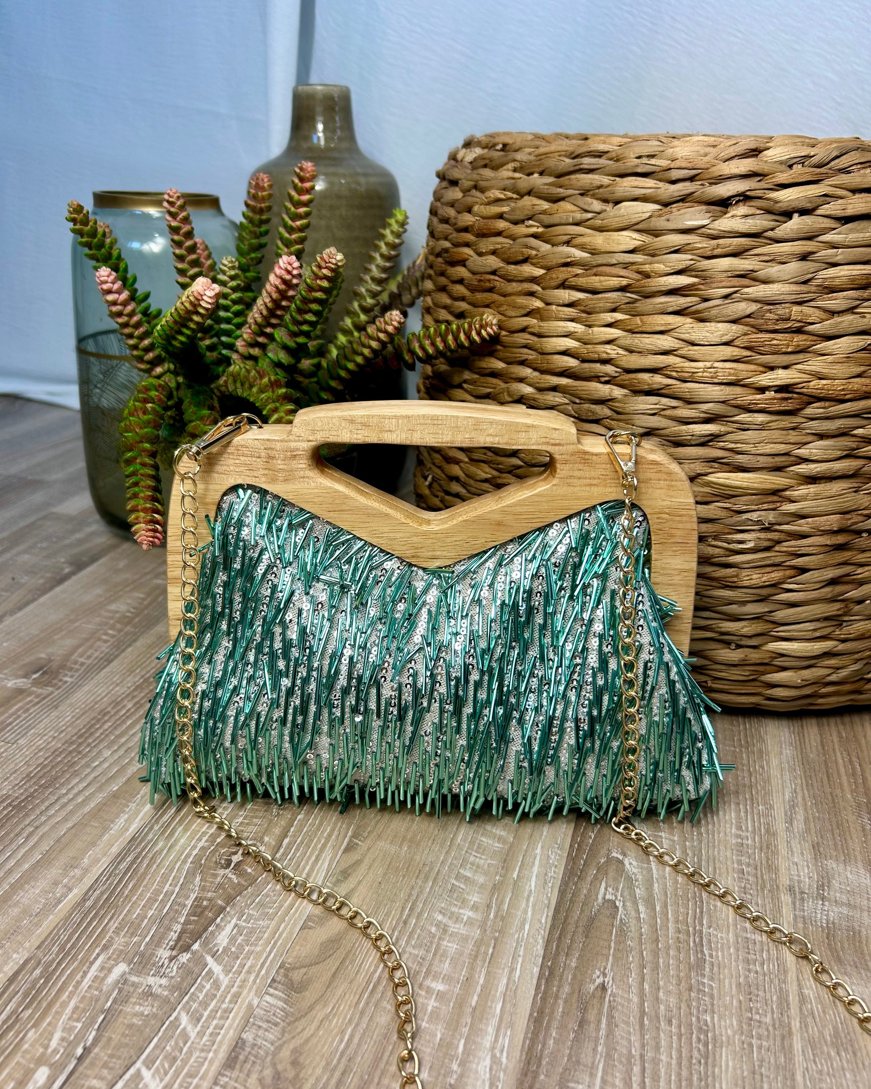MINI BAG FRINGE CON MANICO IN LEGNO COL. VERDE