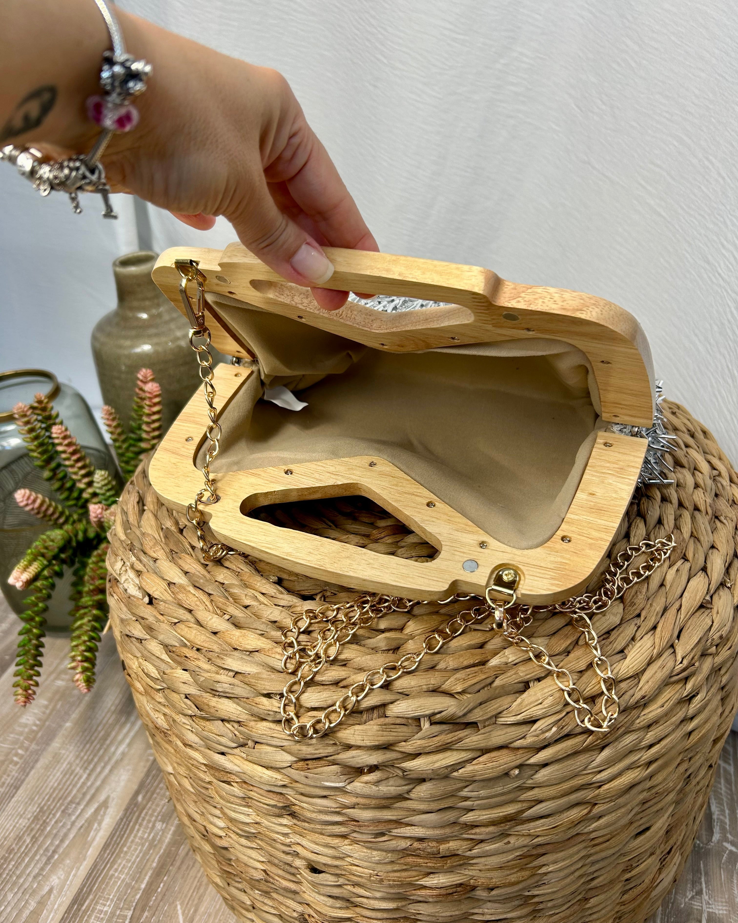 MINI BAG FRINGE CON MANICO IN LEGNO COL. SILVER