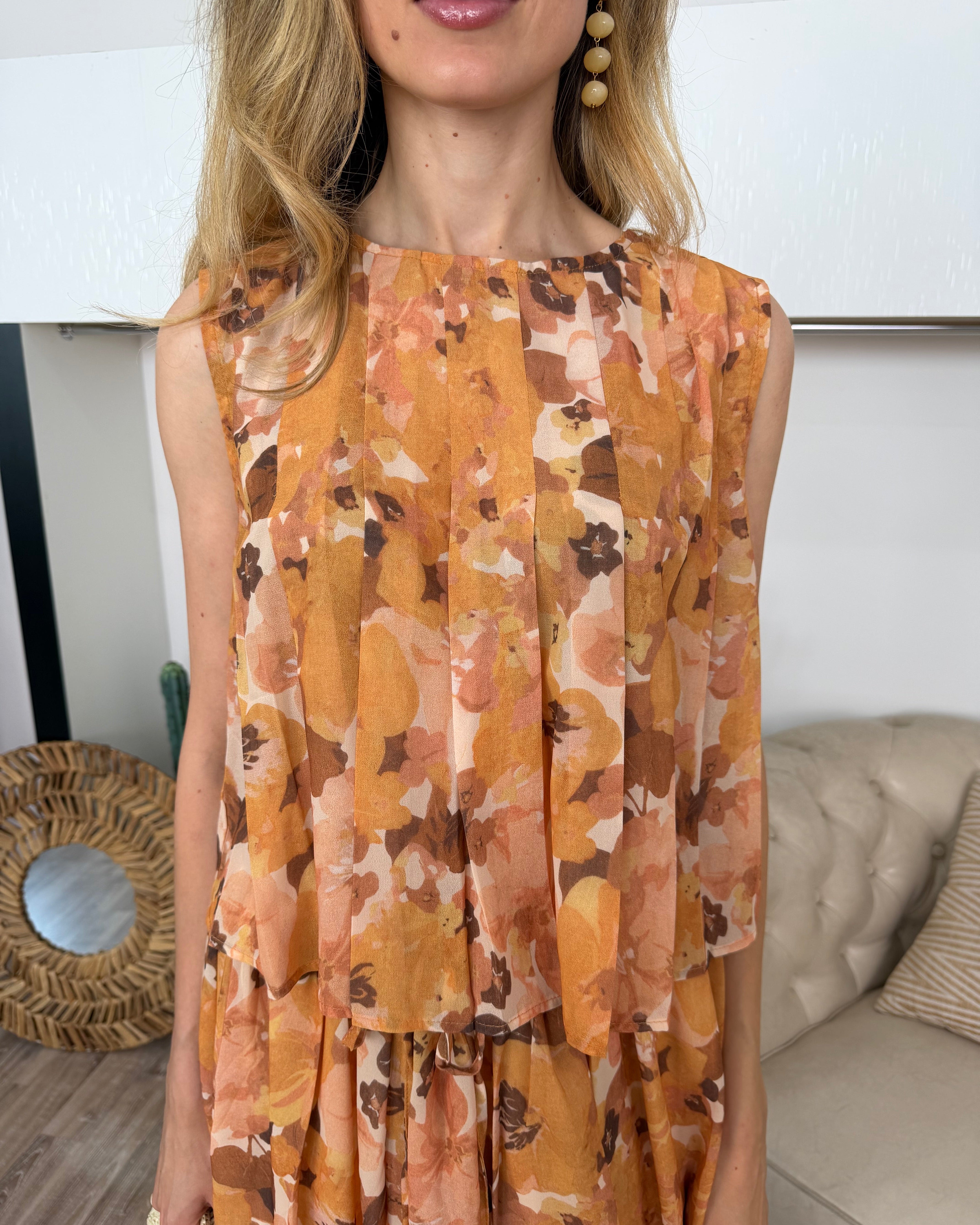 BLUSA SMANICATA FLOREALE PLISSÉ COL. PESCA