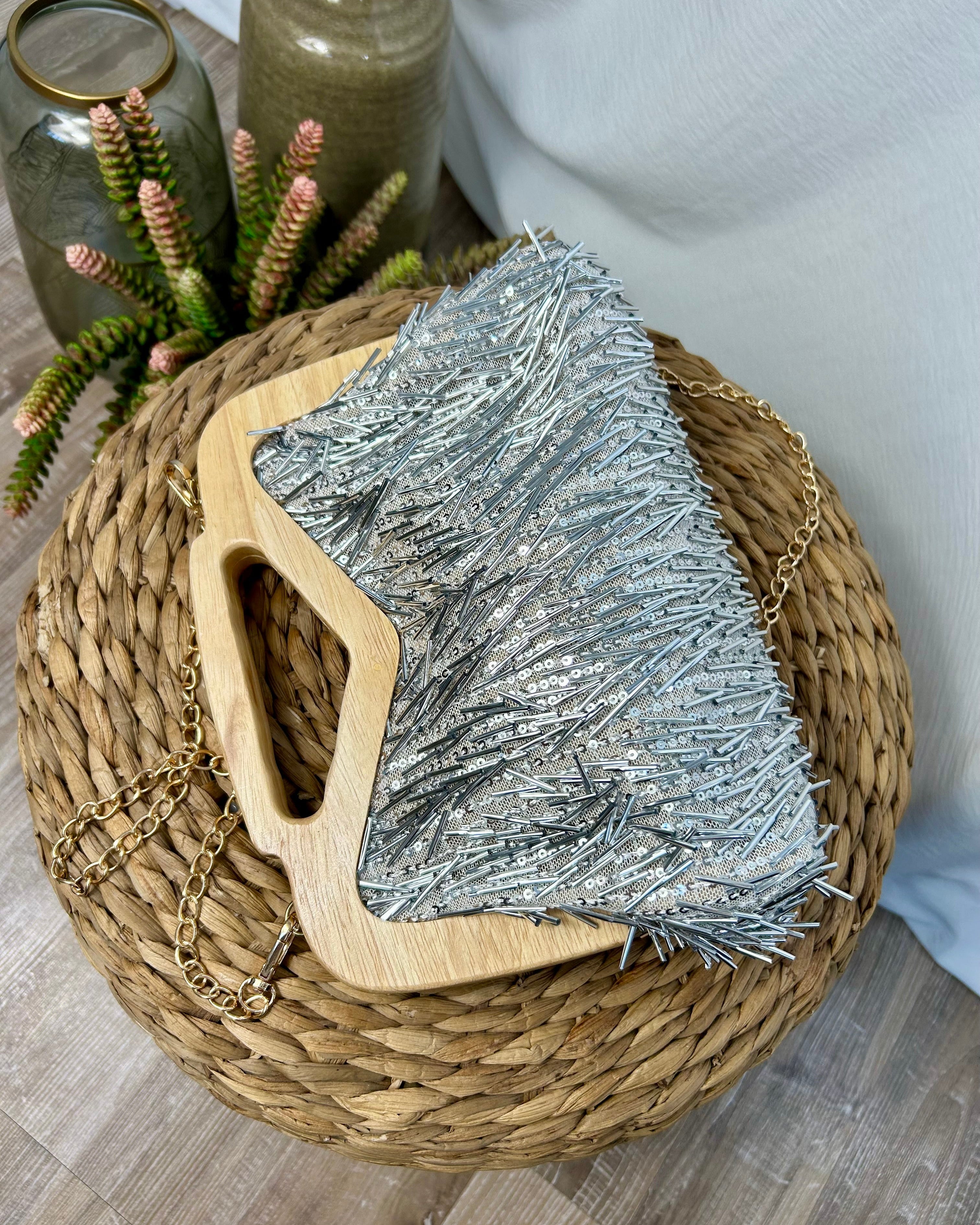 MINI BAG FRINGE CON MANICO IN LEGNO COL. SILVER