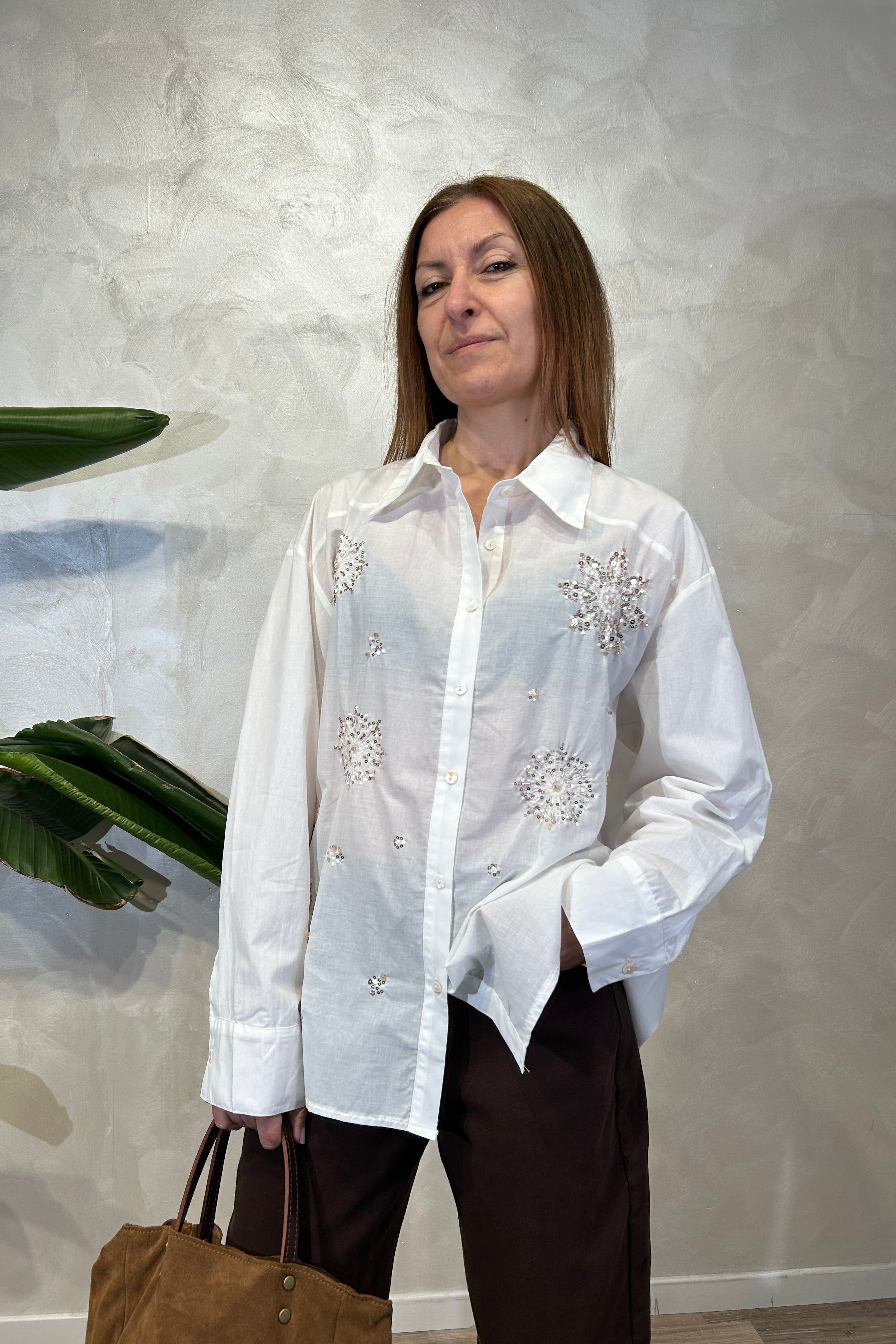 CAMICIA POPELINE DI COTONE CON RICAMI COL. PANNA
