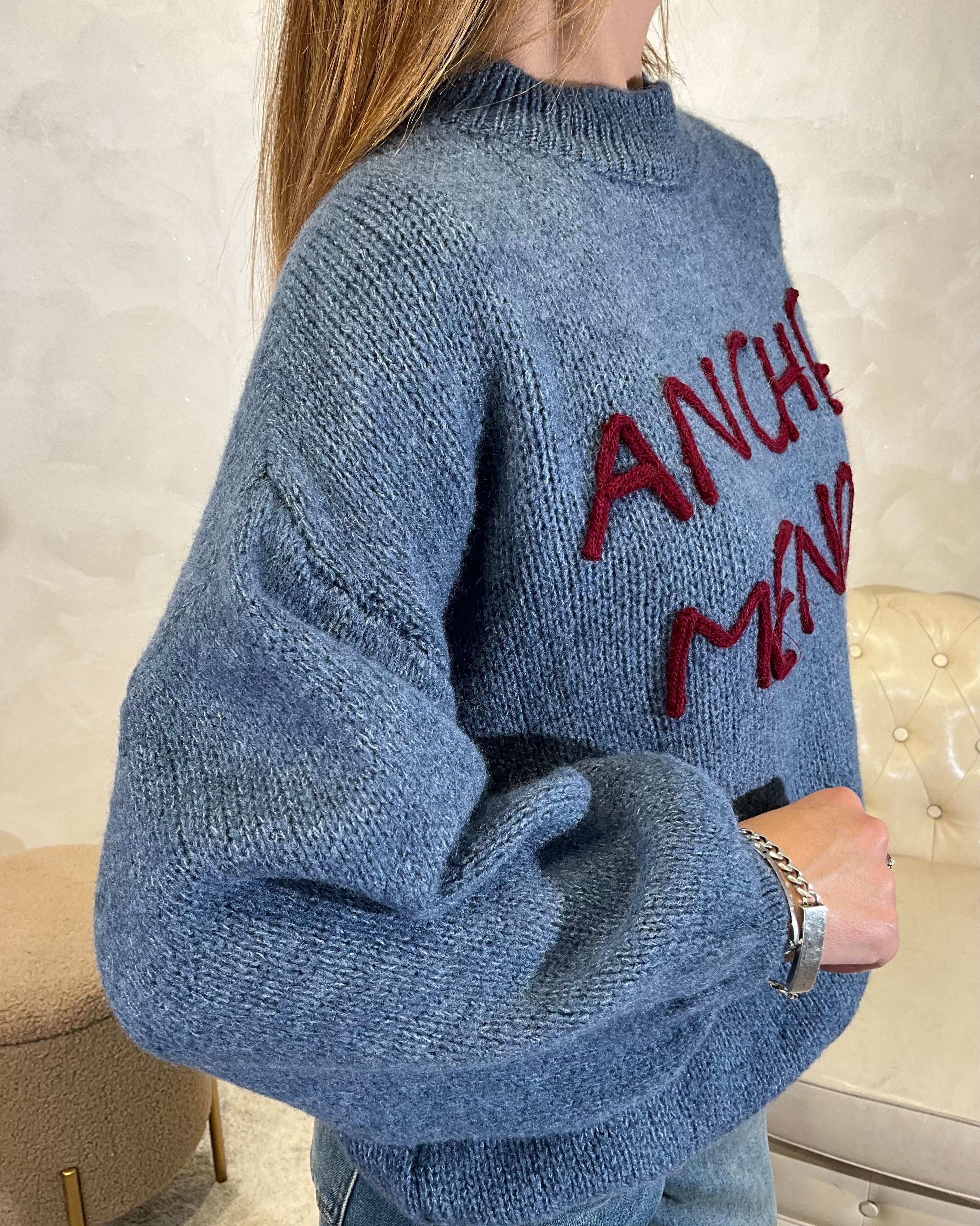 MAGLIONE CON RICAMO "ANCHE MENO" COL. JEANS