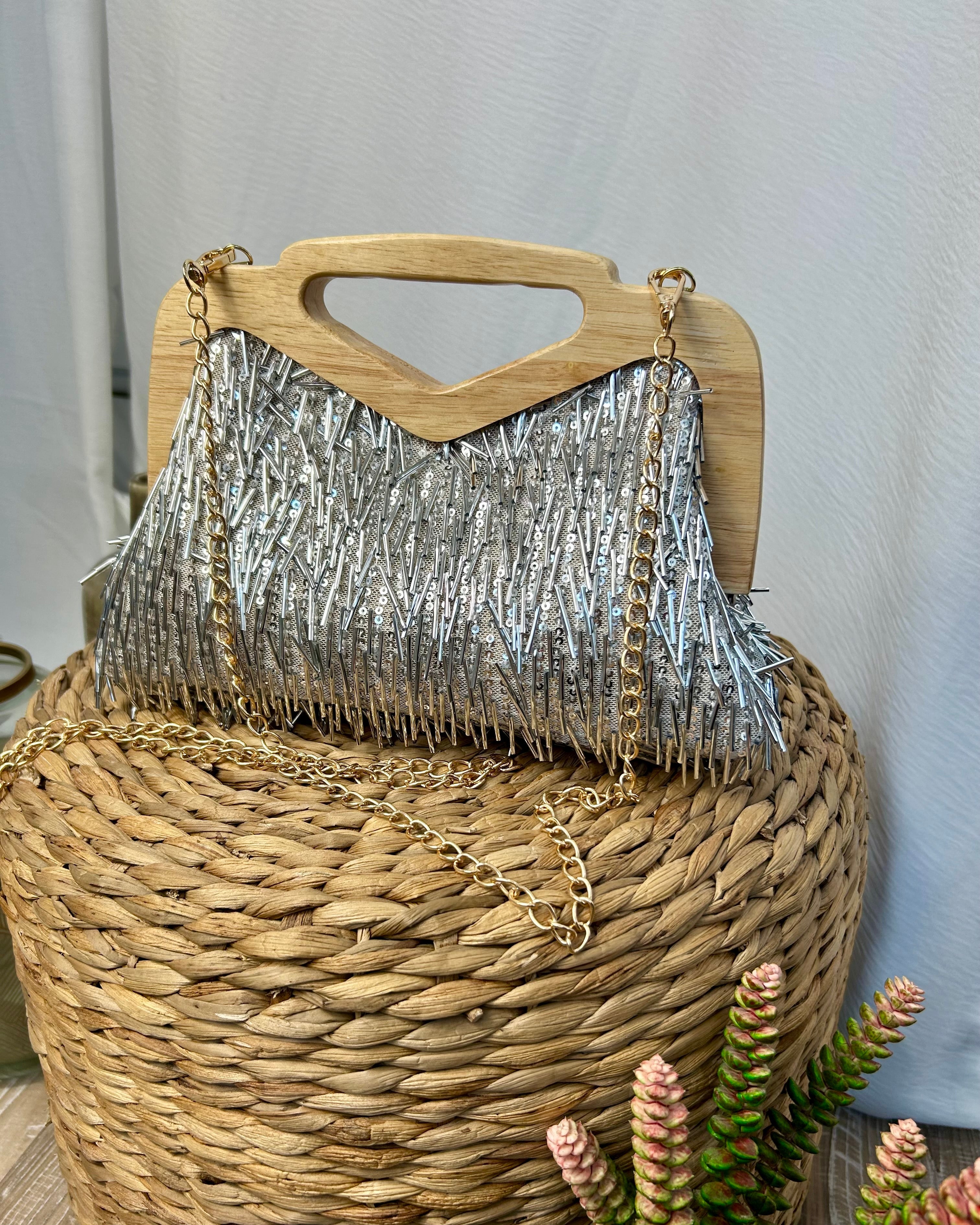 MINI BAG FRINGE CON MANICO IN LEGNO COL. SILVER