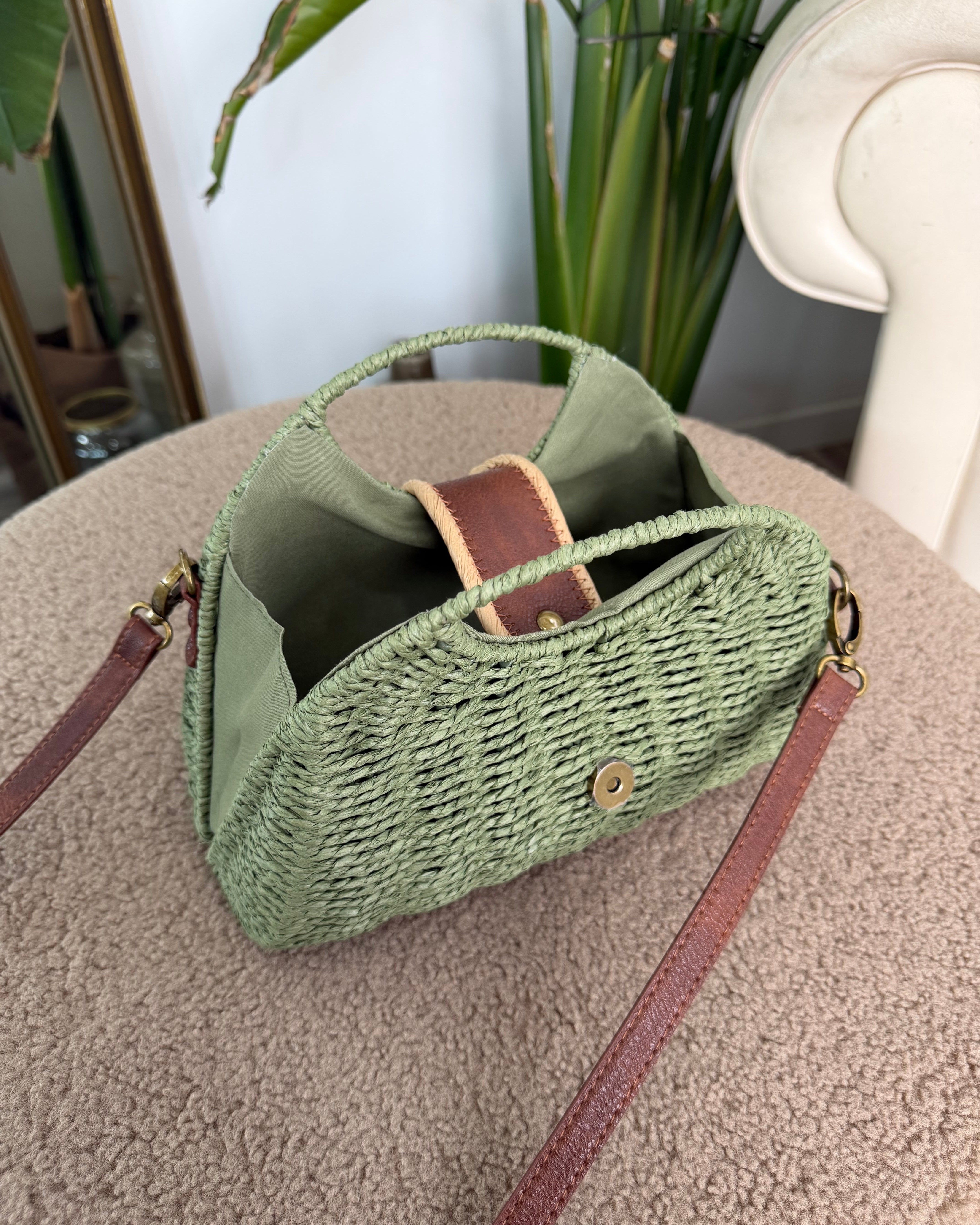 BORSA IN VIMINI CON DETTAGLI IN ECOPELLE COL. VERDE