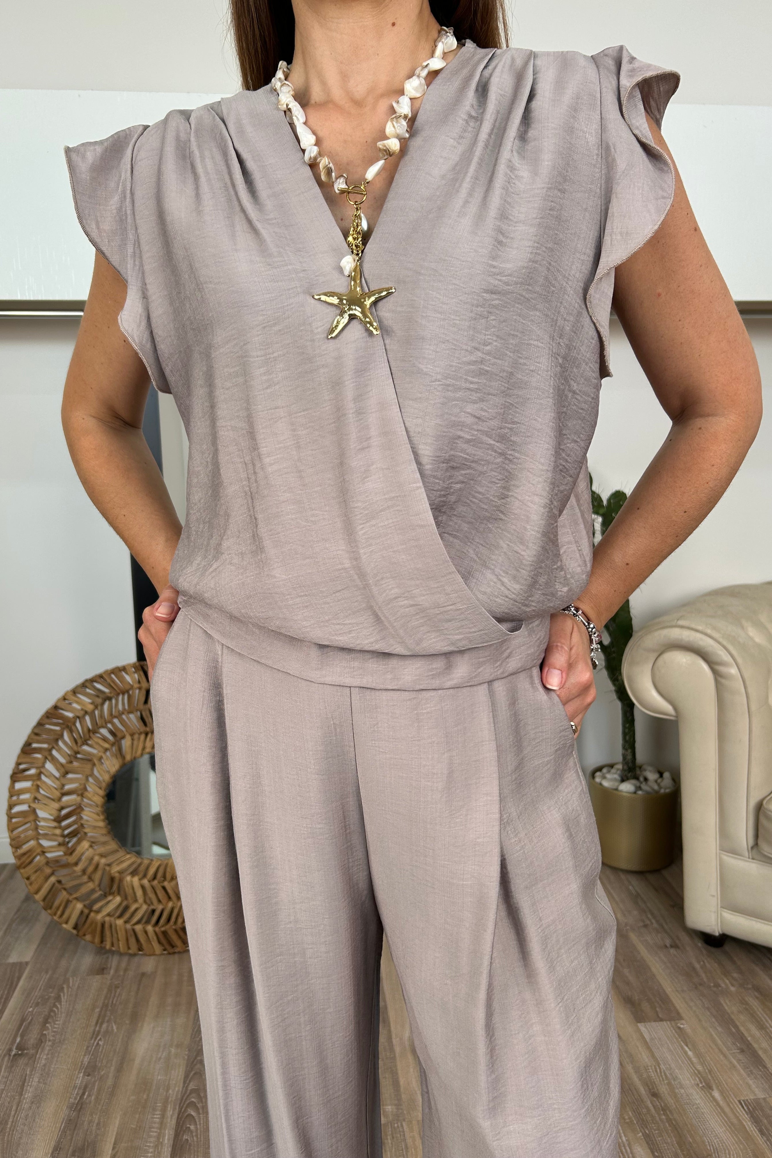 COMPLETO WRAP & WIDE‑LEG CON GOP INCROCIATO E PANTA PALAZZO COL. TORTORA