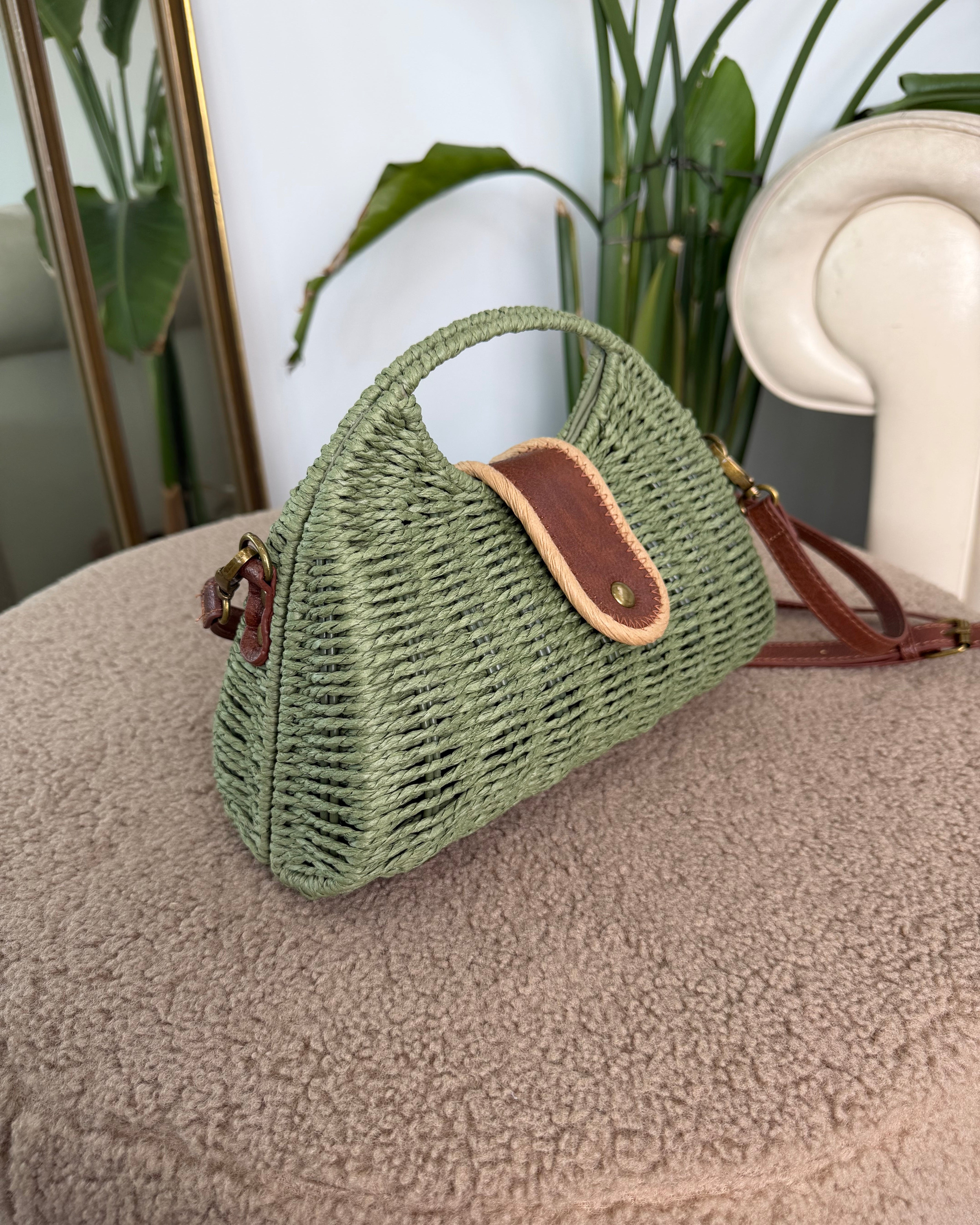 BORSA IN VIMINI CON DETTAGLI IN ECOPELLE COL. VERDE
