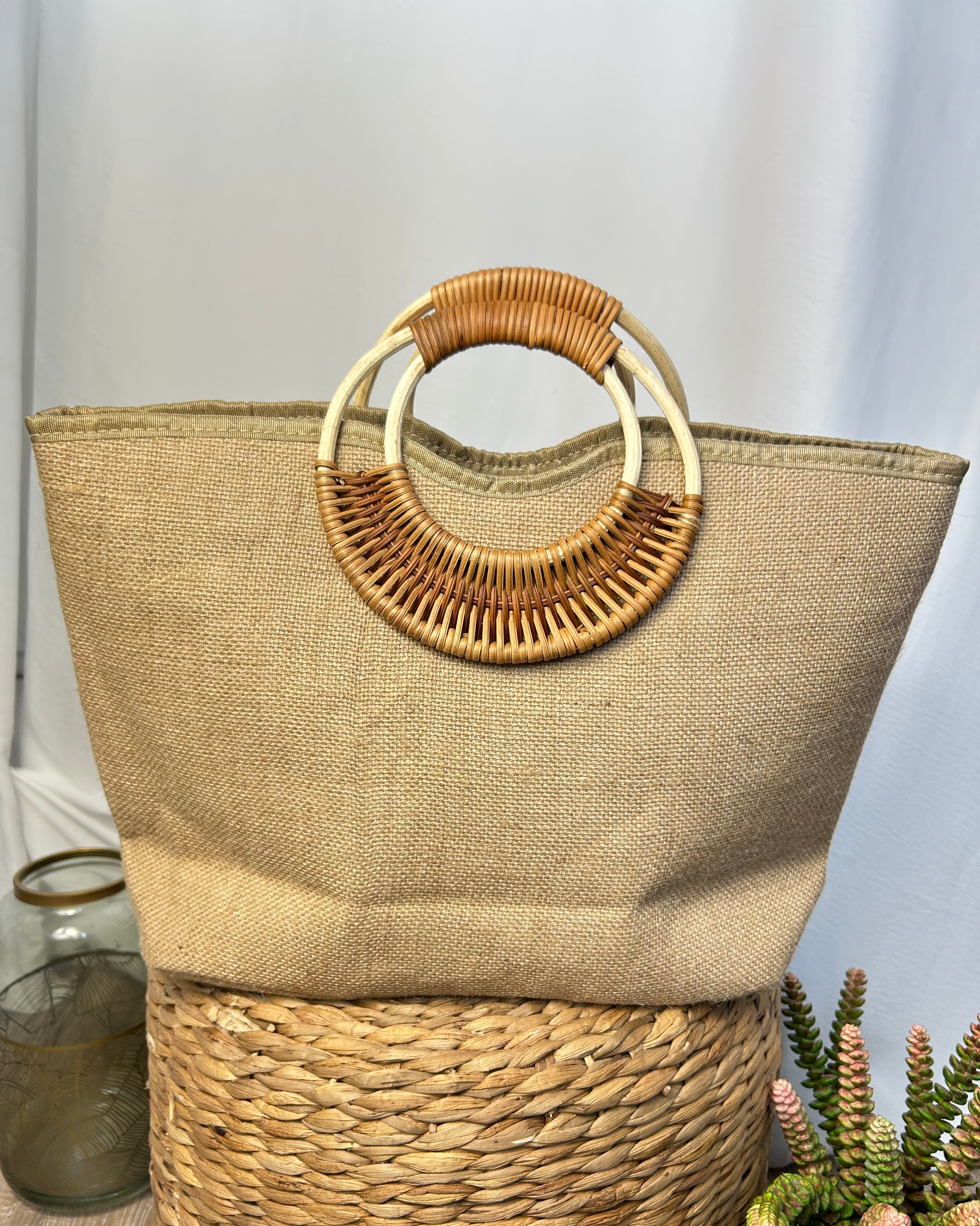 BORSA IN LINO RICAMATA E WOOD HANDLE COL. ORANGE