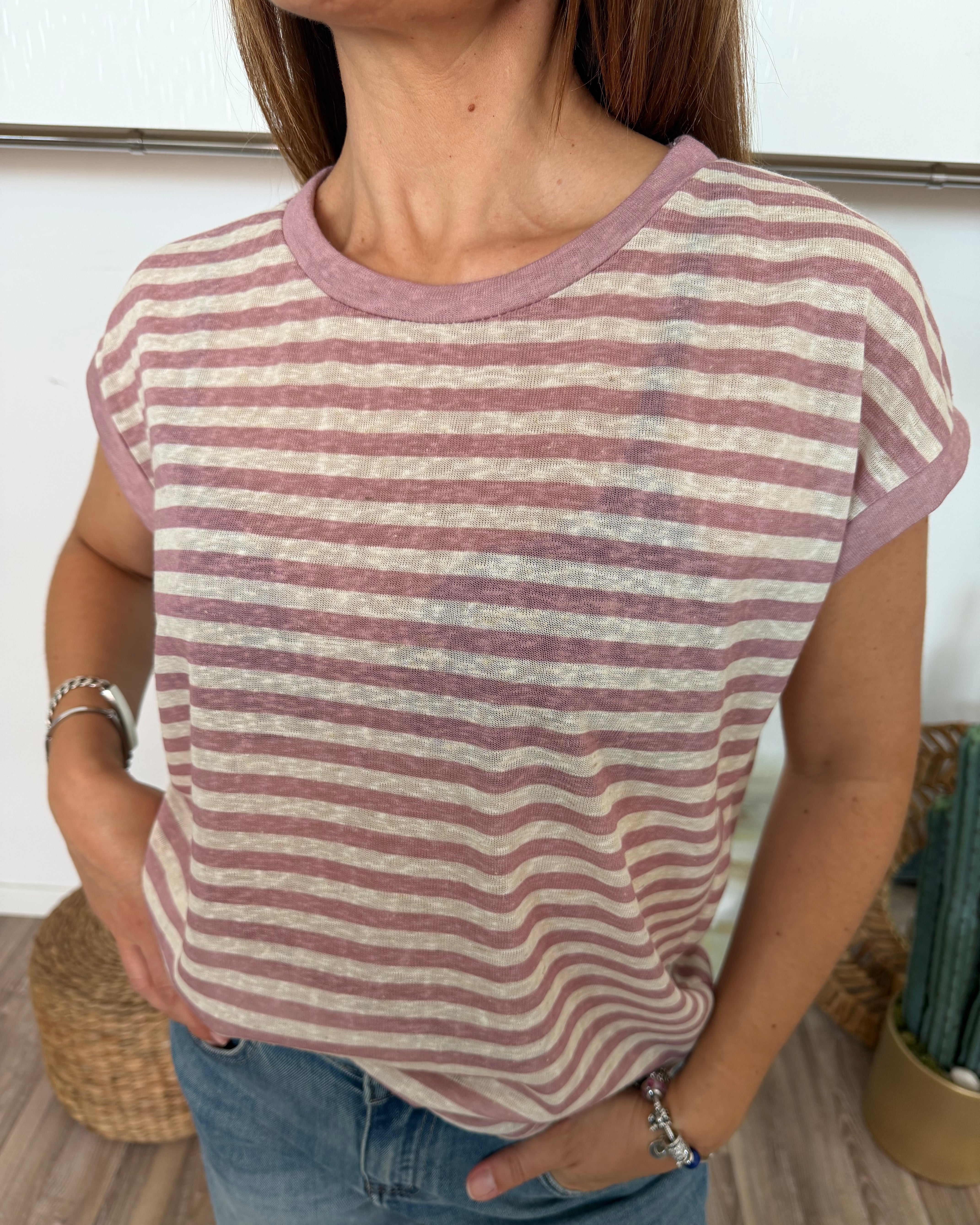 T-SHIRT RIGATA FONDO NATURALE E RIGA MELANGE ROSA