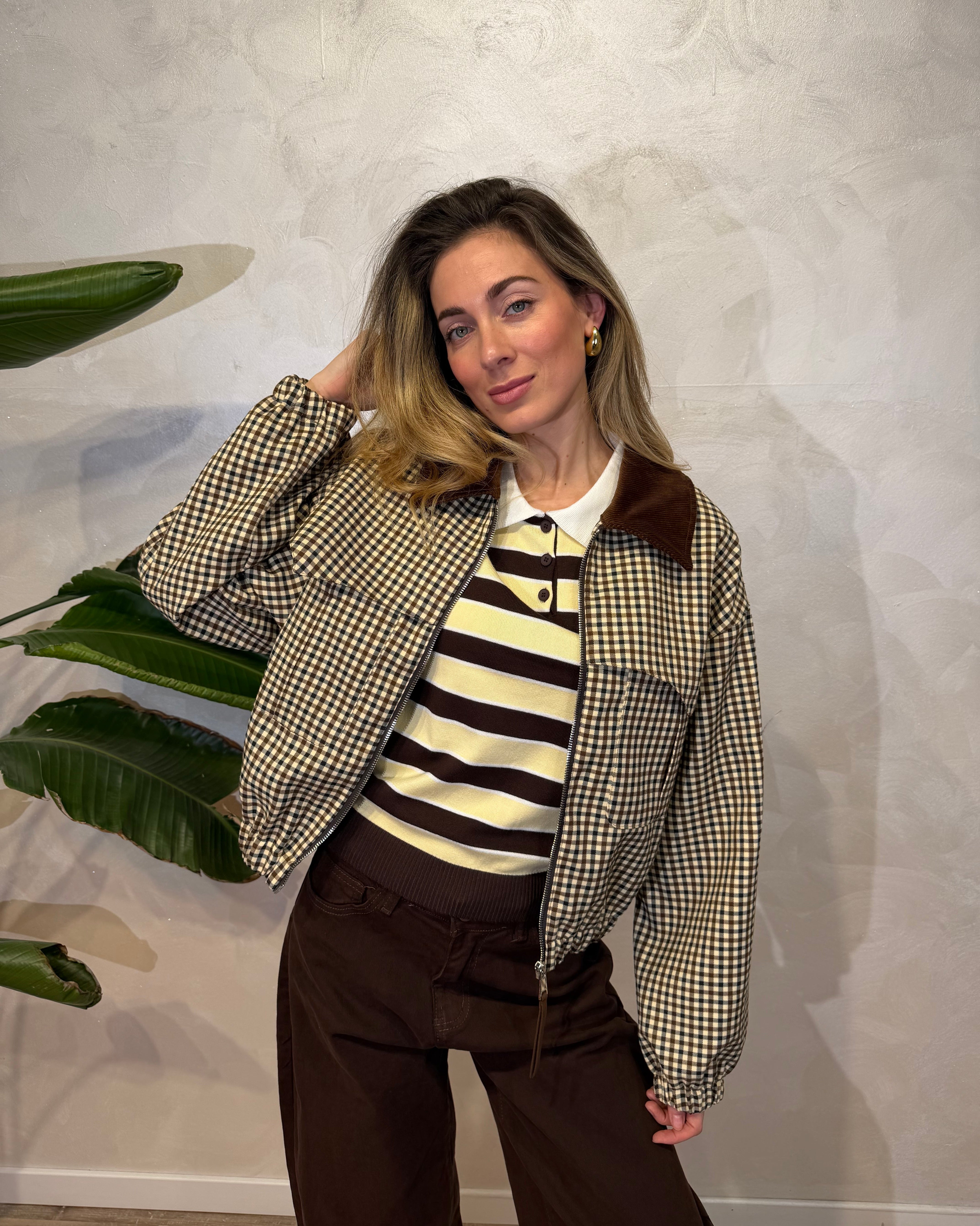 GIUBBOTTO CORTO VICHY CHECK CON COLLO IN VELLUTO COL. BURRO